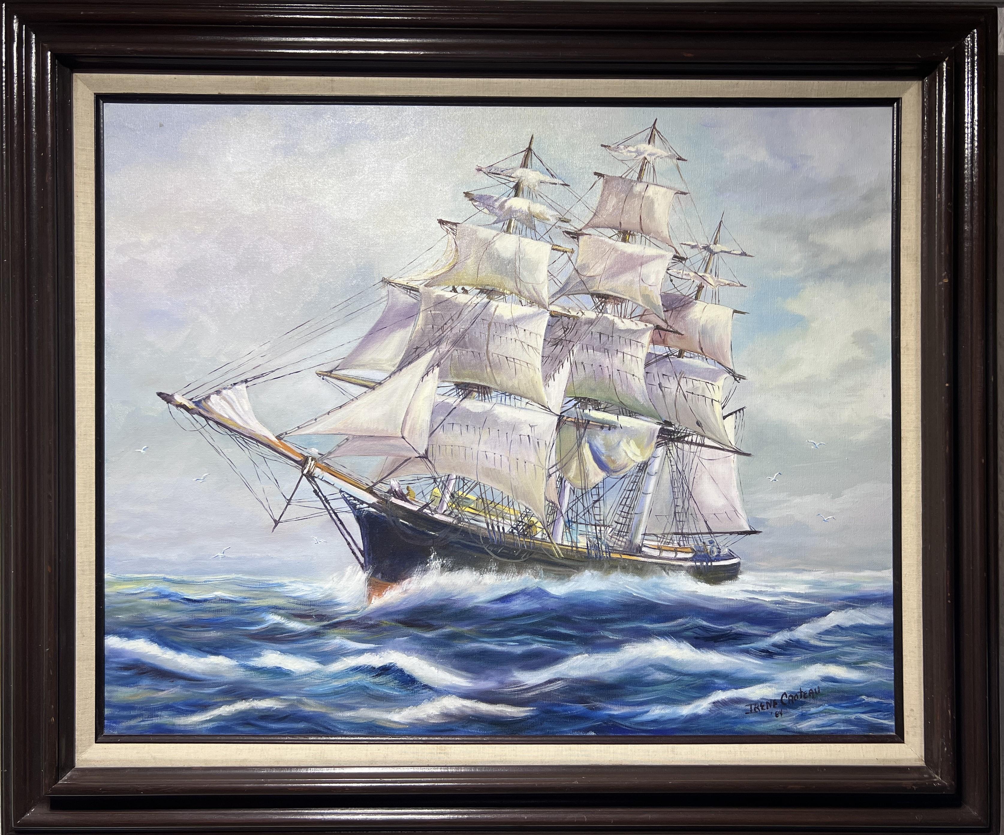 Questo dipinto raffigura un maestoso veliero che naviga in un mare agitato. La nave è un'imbarcazione completamente armata, con più alberi e vele bianche che catturano il vento. La prua della nave taglia le onde, creando un senso di movimento in