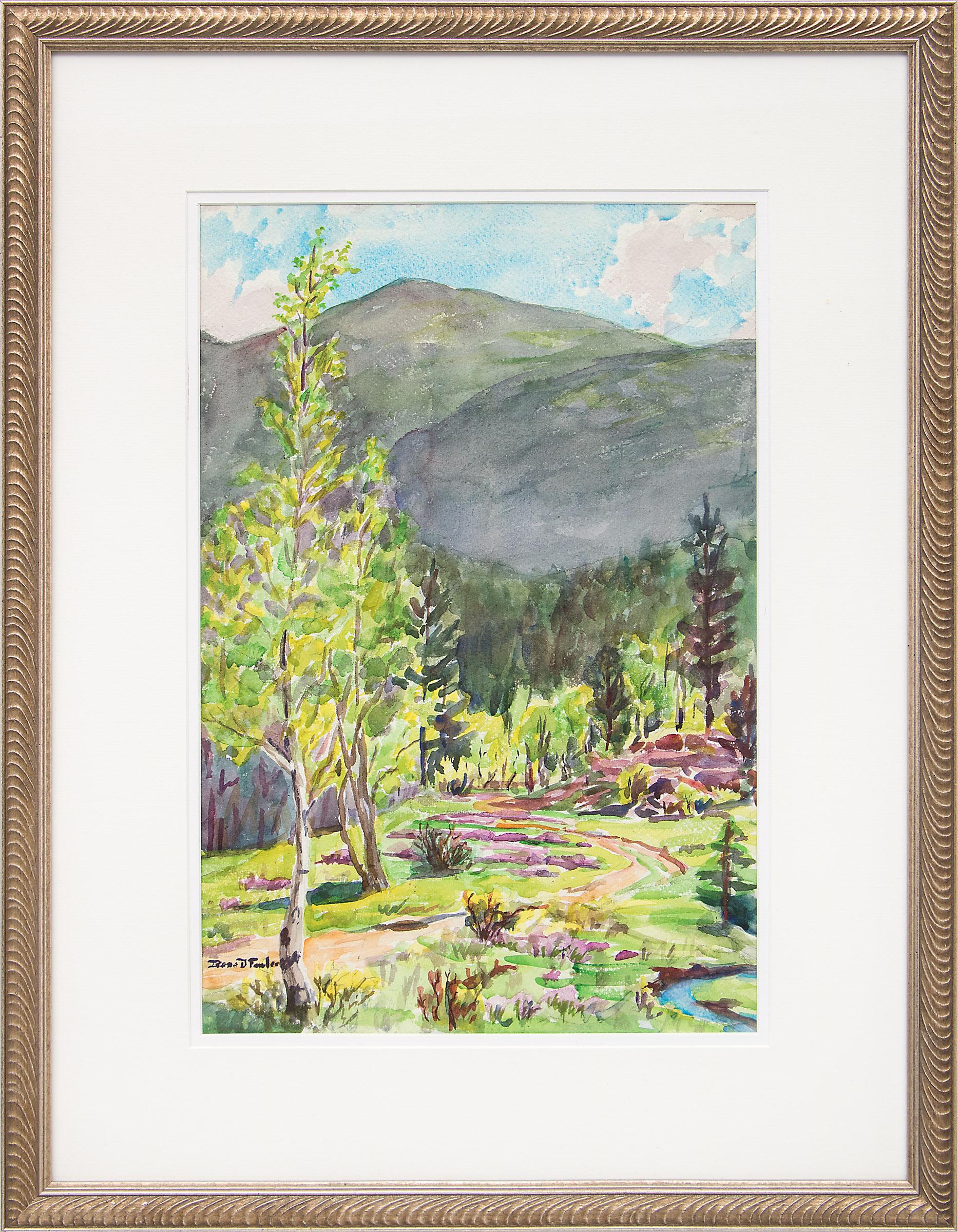 Early Summer, Colorado Mountains, 1950s Landscape with Aspens, Pines & Stream - Painting by Irene D. Fowler