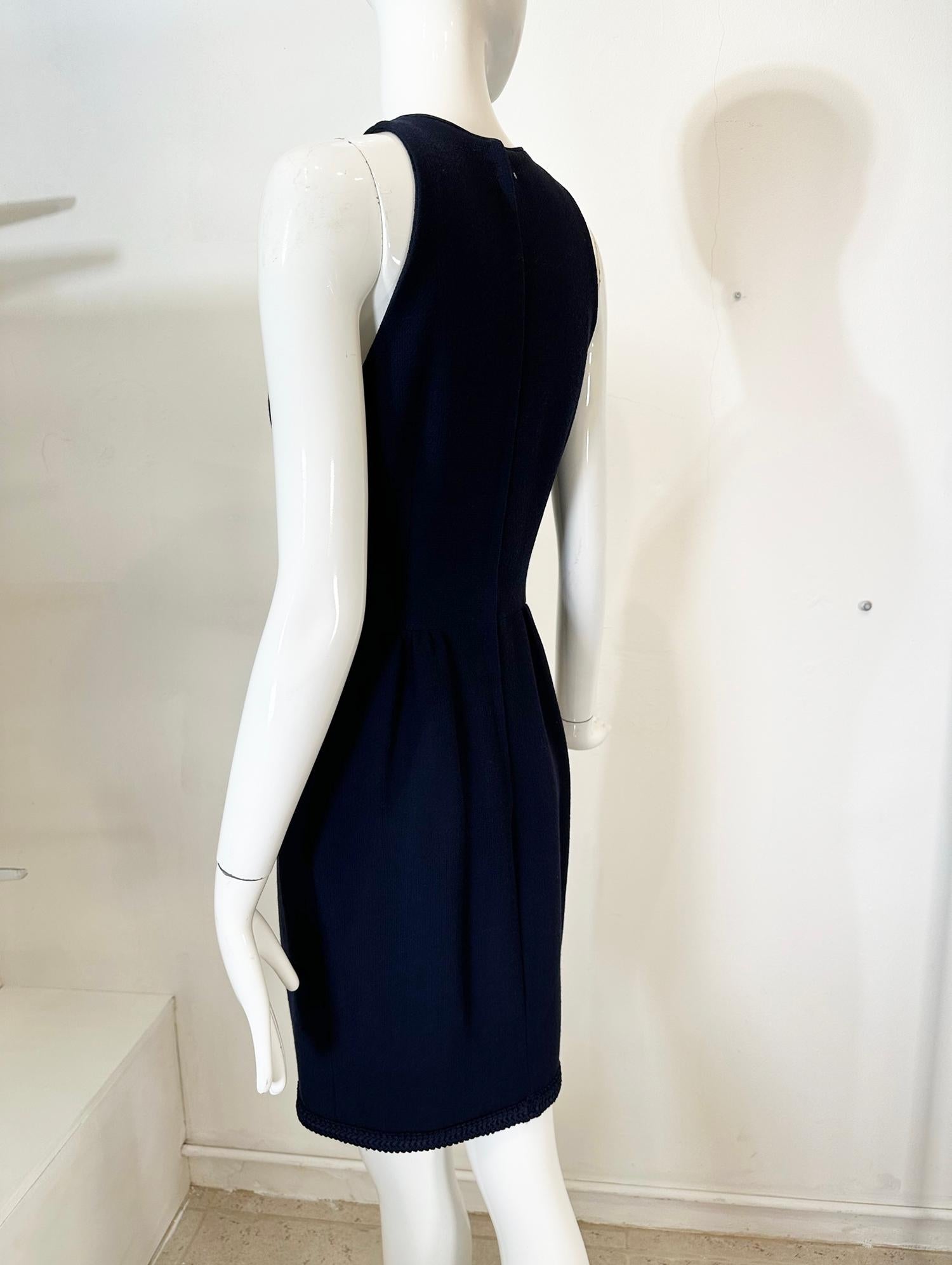 Irene Galitzine Couture Navy Blue Racer Neck Fitted Sheath Braid Trim Dress 1960 In Good Condition For Sale In West Palm Beach, FL
