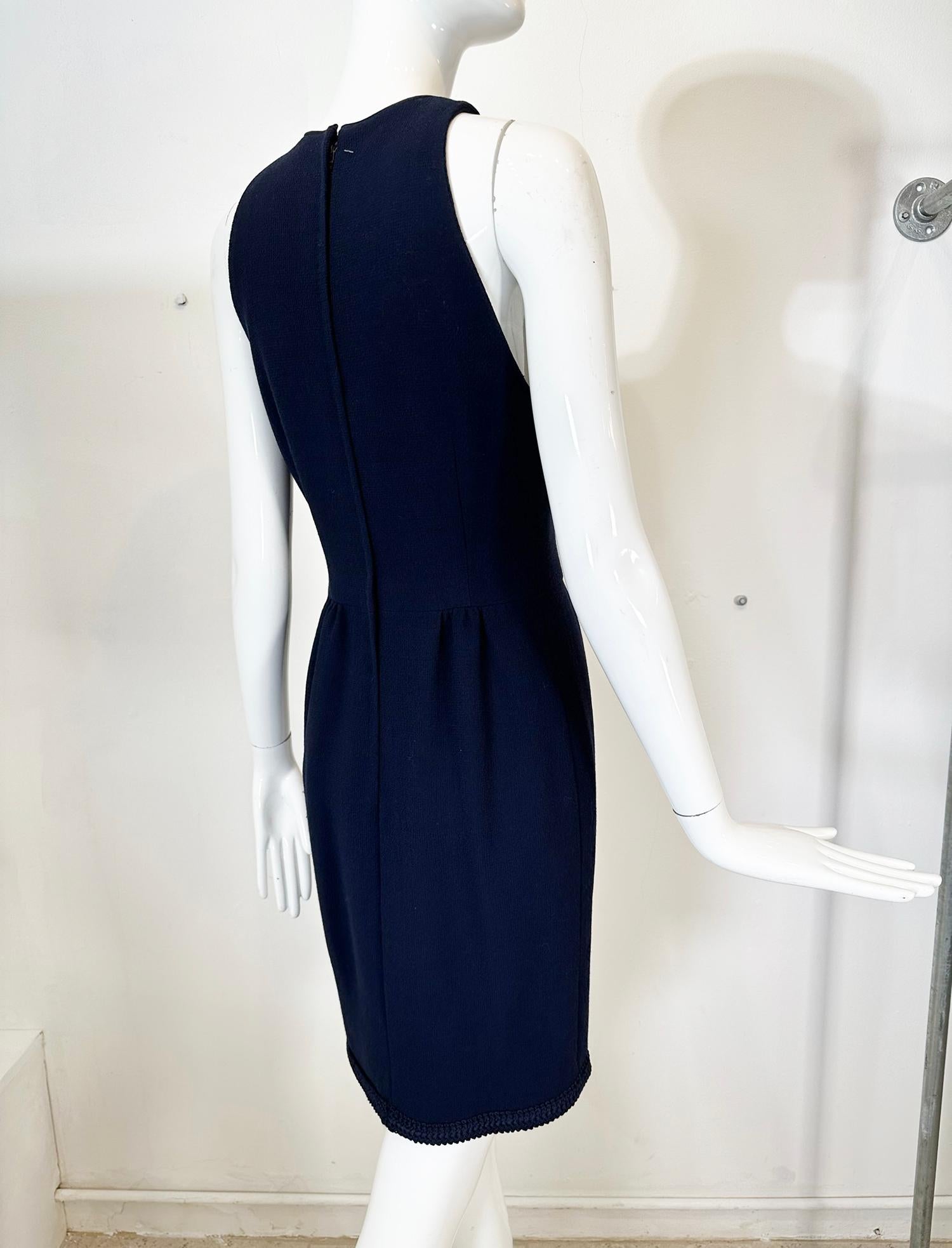 Irene Galitzine Couture Navy Blue Racer Neck Fitted Sheath Braid Trim Dress 1960 For Sale 1