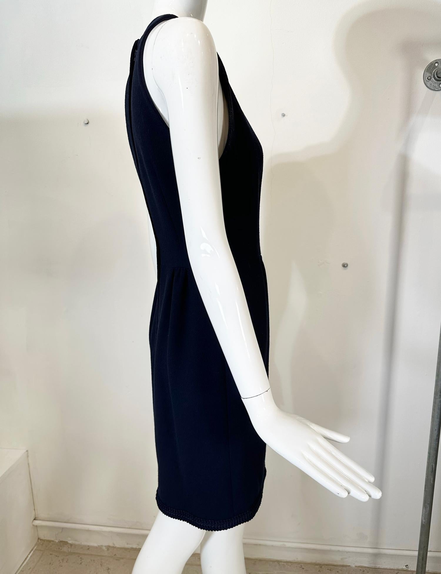 Irene Galitzine Couture Navy Blue Racer Neck Fitted Sheath Braid Trim Dress 1960 For Sale 2