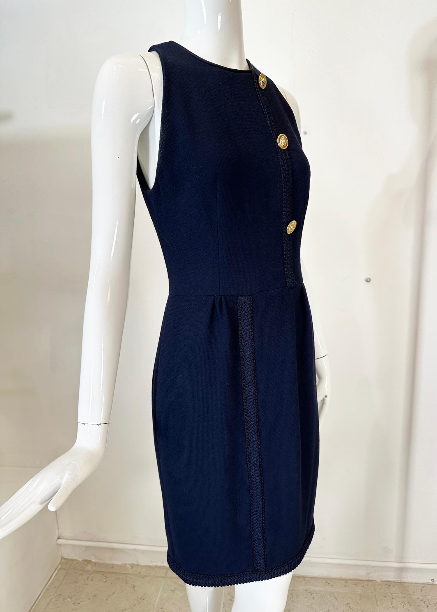 Irene Galitzine Couture Navy Blue Racer Neck Fitted Sheath Braid Trim Dress 1960 For Sale 3