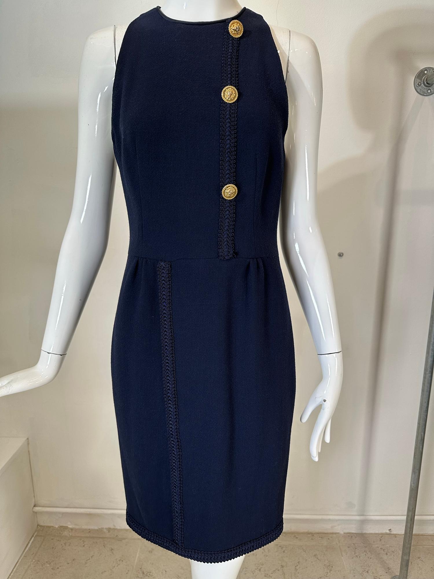 Irene Galitzine Couture Navy Blue Racer Neck Fitted Sheath Braid Trim Dress 1960 For Sale 4