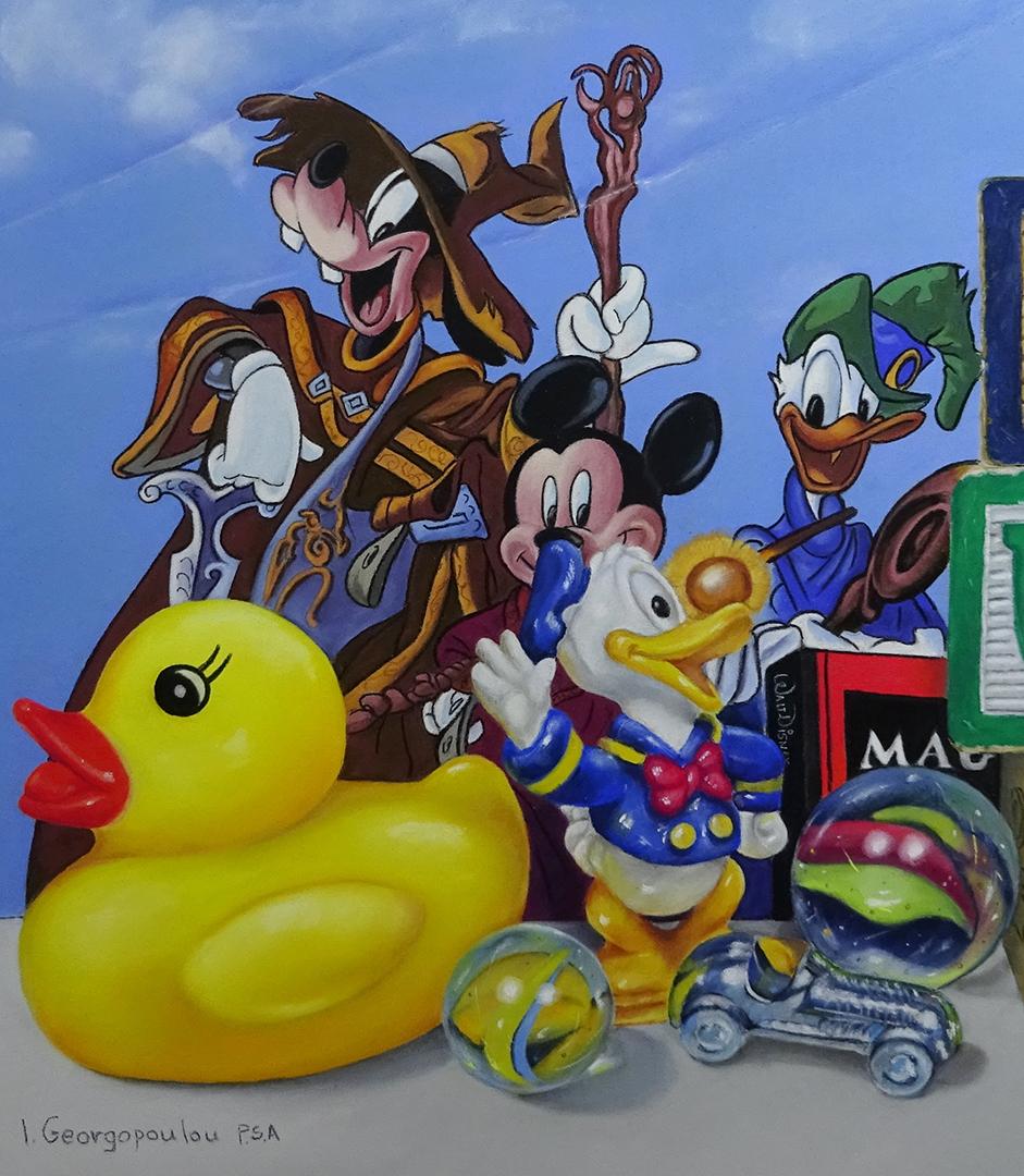 „Childhood Adventures“ von Irene Georgopoulou, Pastell, Stillleben mit Spielzeug 6