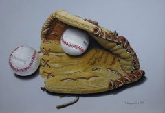 „Vintage Catch“ von Irene Georgopoulou, Pastell, Baseballhandschuhe-Stillleben