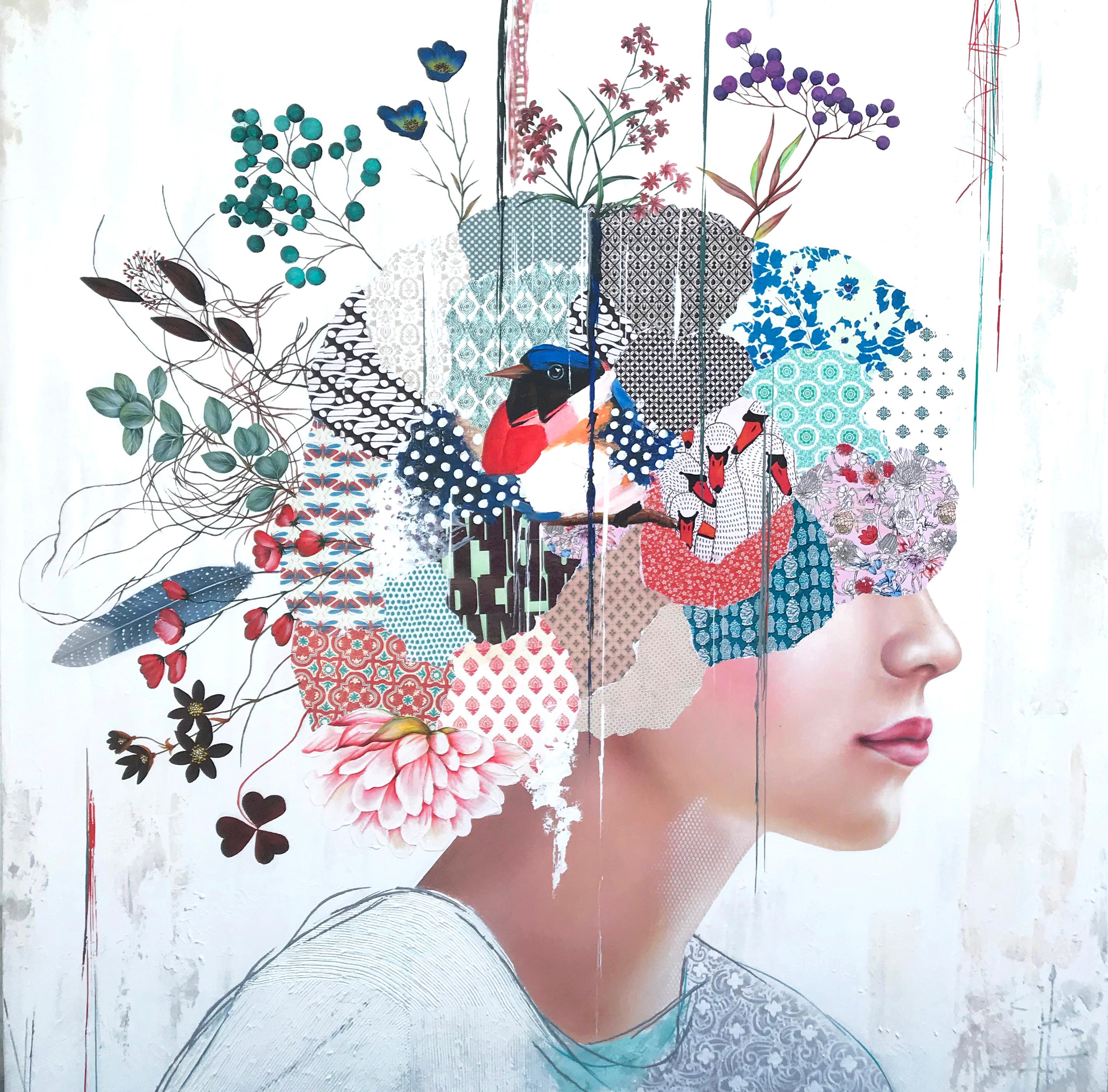 "Bird's Eye" mysterious mixed media portrait of a female with floral collage - Mixed Media Art by Irene Hoff