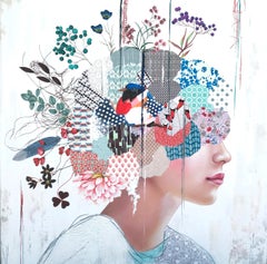 "Bird's Eye" mysterious mixed media portrait of a female with floral collage