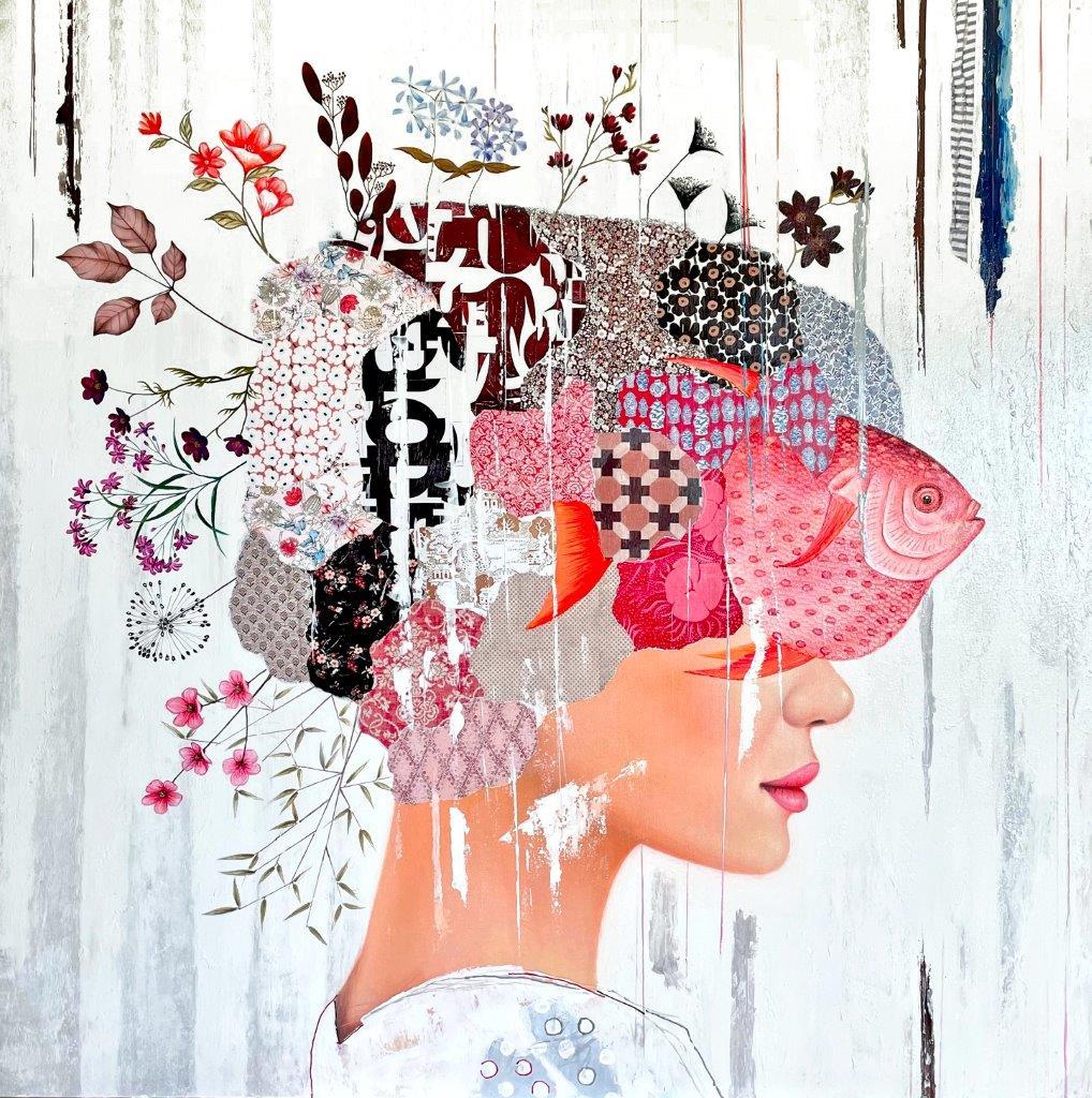 "Downstream" mysterious mixed media portrait of a female with patchwork collage - Mixed Media Art by Irene Hoff