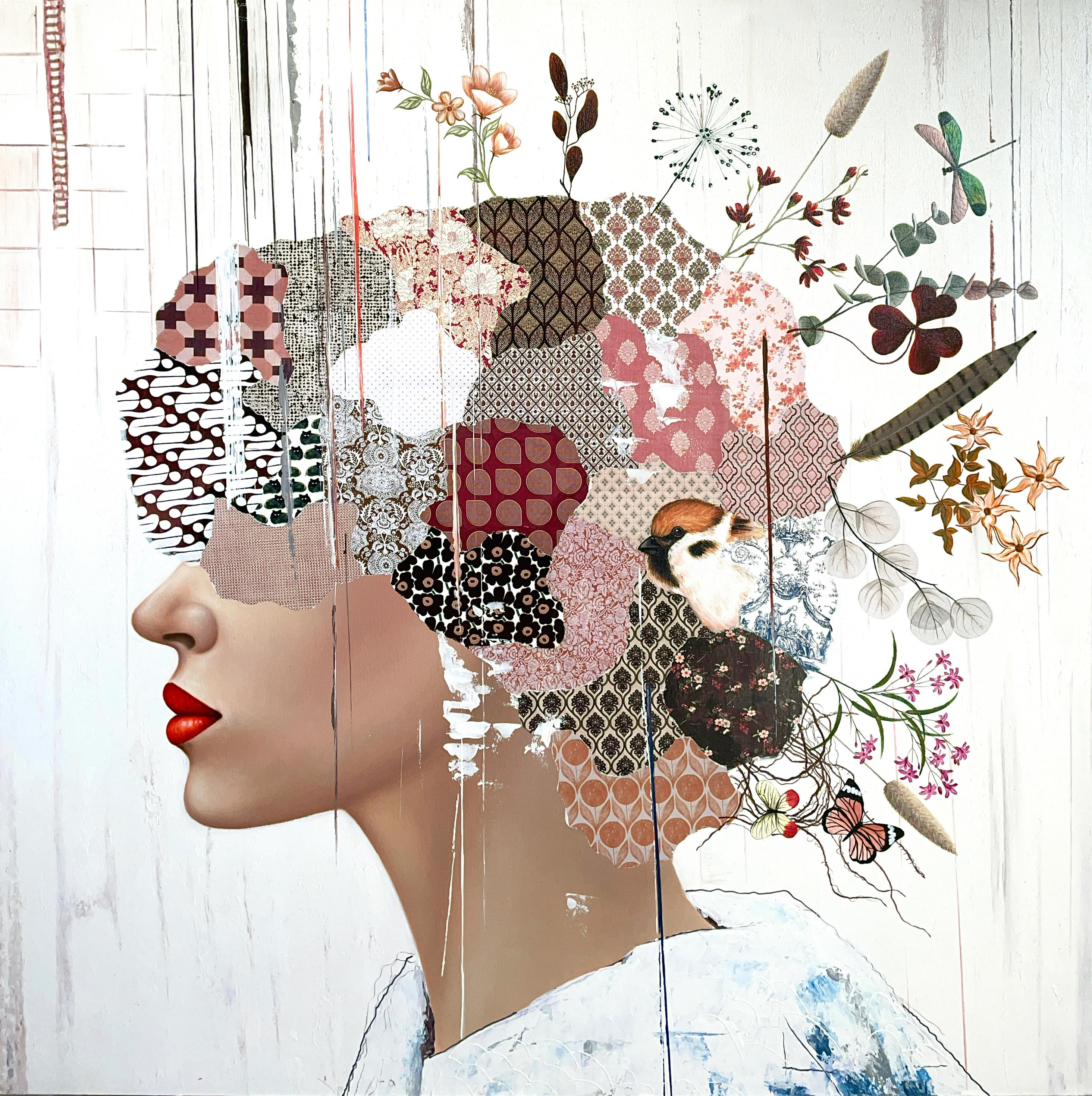  "Growing" mysterious mixed media portrait of a female with floral collage - Mixed Media Art by Irene Hoff