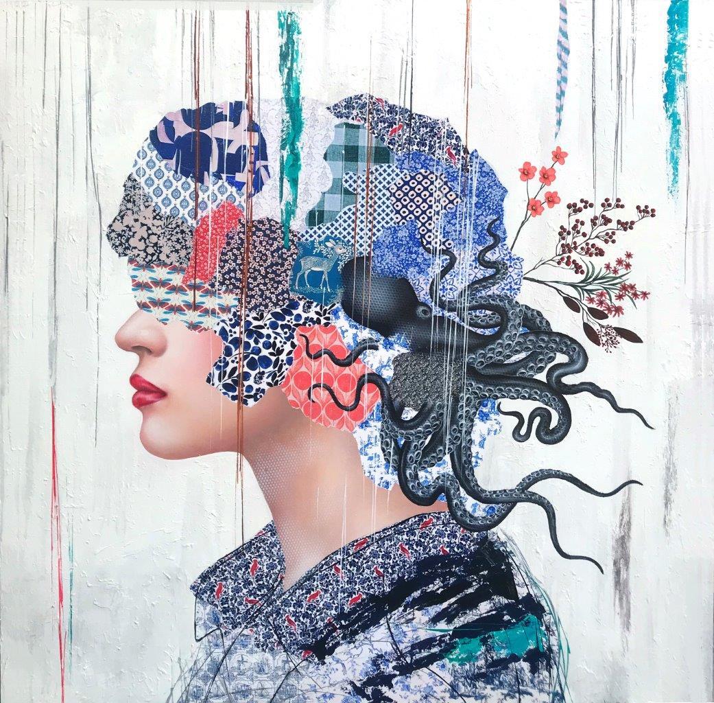  "The Observer" mysterious mixed media portrait of a female with floral collage - Mixed Media Art by Irene Hoff