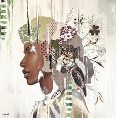 "Powerhouse" mixed media of a woman with green and neutral colored headdress
