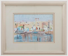 Irene Lesley Main (b.1959) - Framed 1986 Acrylic, Reflections Boats & Buildings