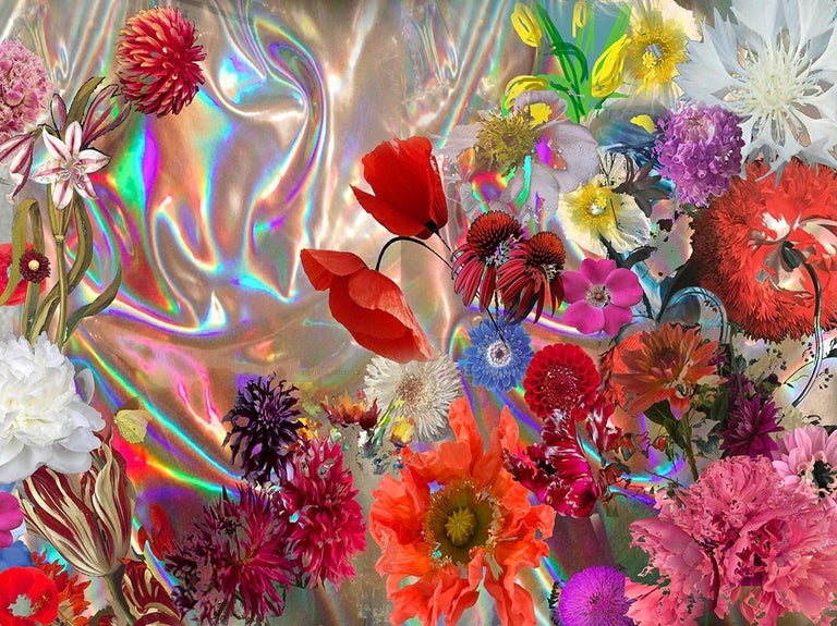 This multi colored floral work is by Irene Mamiye.  It is a dye sublimation print on aluminum.
Born in France, this NY based artist, incorporates photography, video, and digital imaging techniques. With light, color and movement, Mamiye blurs the