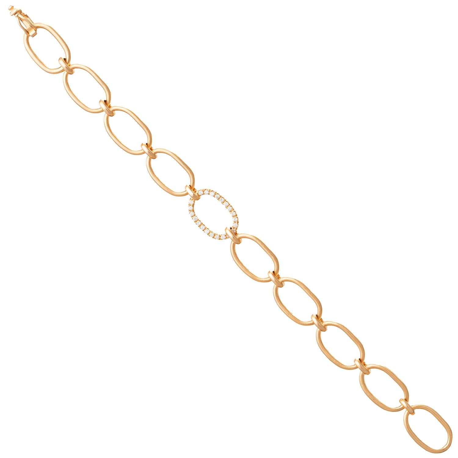 Irene Neuwirth oval-shaped link bracelet in brushed 18k rose gold with a single link accented by round brilliant-cut diamonds.  Twenty-two diamonds weighing approximately 0.33 total carats (F-G color, VVS1-VVS2 clarity).  Signed 