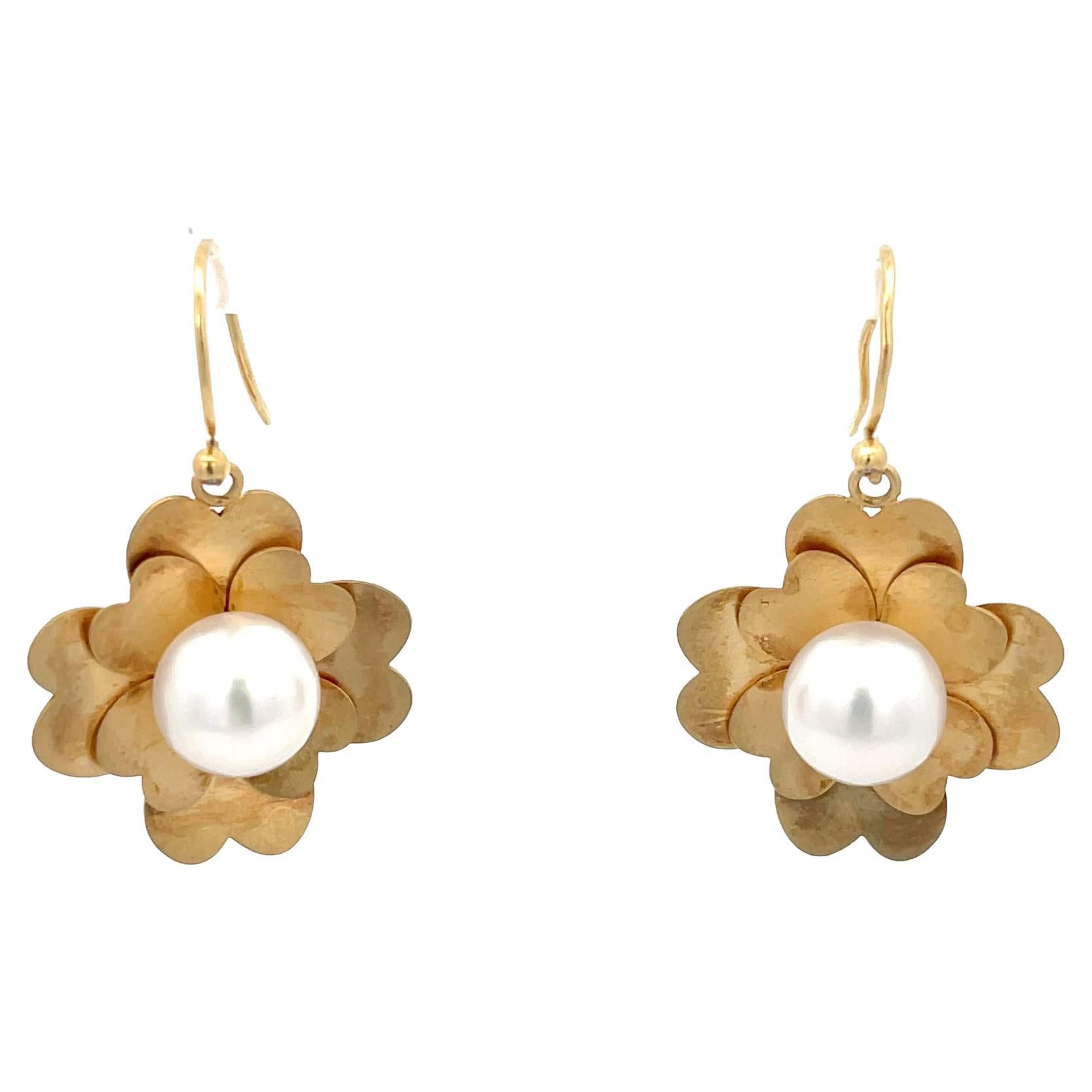 Irene Neuwirth Akoya Pearl Flower Earring 18K Yellow Gold For Sale