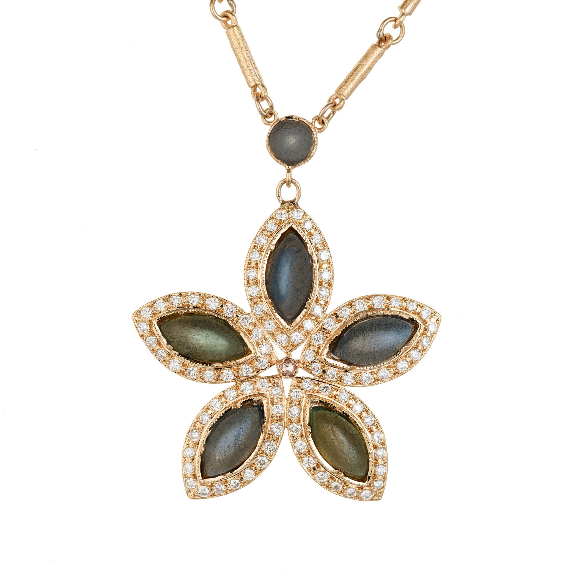 Irene Neuwirth 18k rose gold necklace. 5 cabochon color change marquise Labradorites, each with a halo of round diamonds. 1 round cabochon labradorite.  18.5 inches long.

5 cabochon Marquise Labradorite, 10 x 4.7mm
96 round Diamonds, approx. total