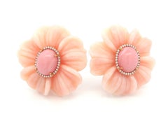 Irene Neuwirth Rose Gold GIA Pink Opal w/ Diamond Halo Carved Flower Earrings
