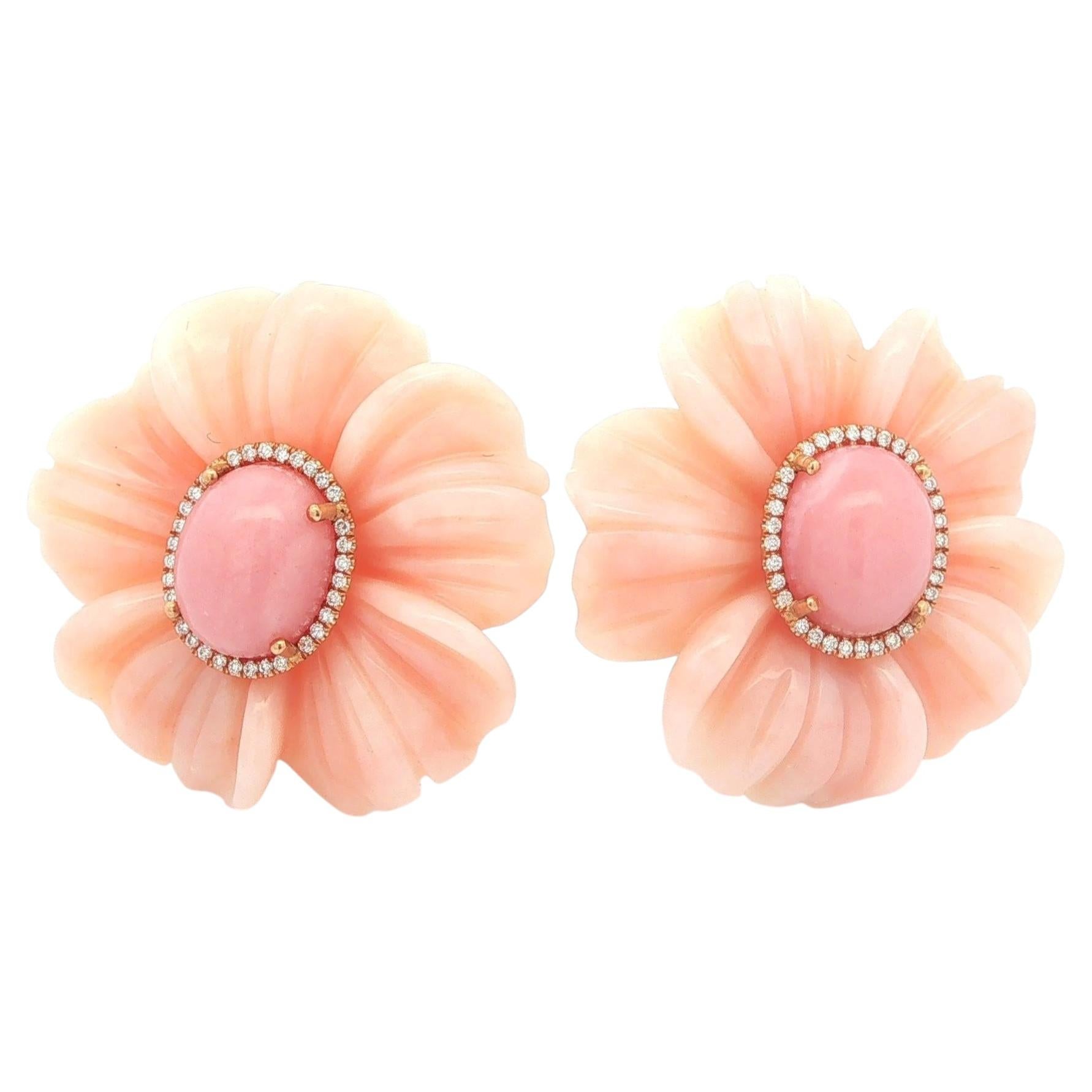 Irene Neuwirth - Boucles d'oreilles fleurs sculptées en or rose GIA, opale rose avec halo de diamants