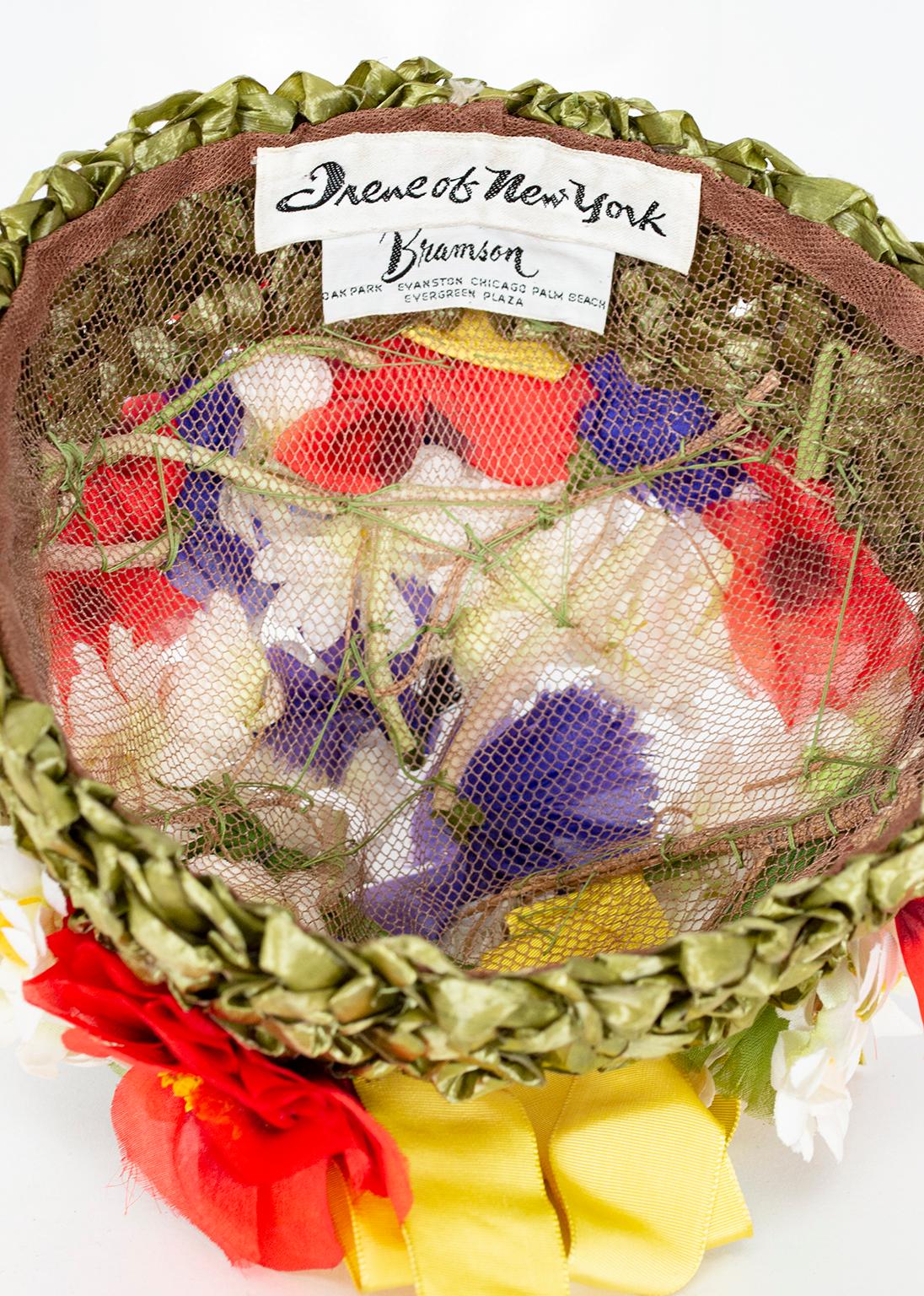 Beige Irene of New York Green Red Yellow Purple Floral Statement Turban Hat – M, 1960s For Sale