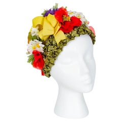 Vintage Irene of New York Green Red Yellow Purple Floral Statement Turban Hat – M, 1960s