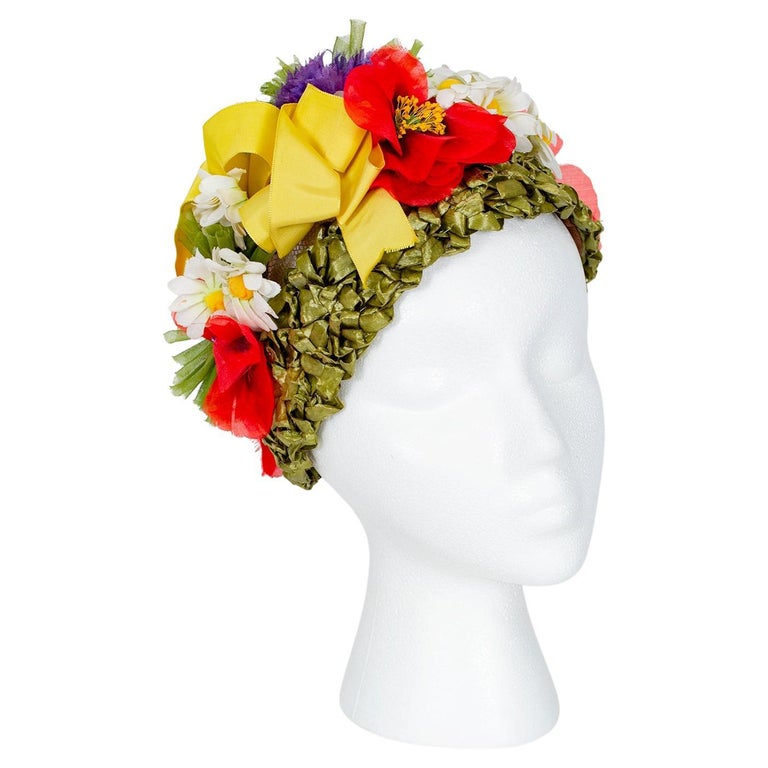 Irene of New York Green Red Yellow Purple Floral Statement Turban Hat – M, 1960s For Sale