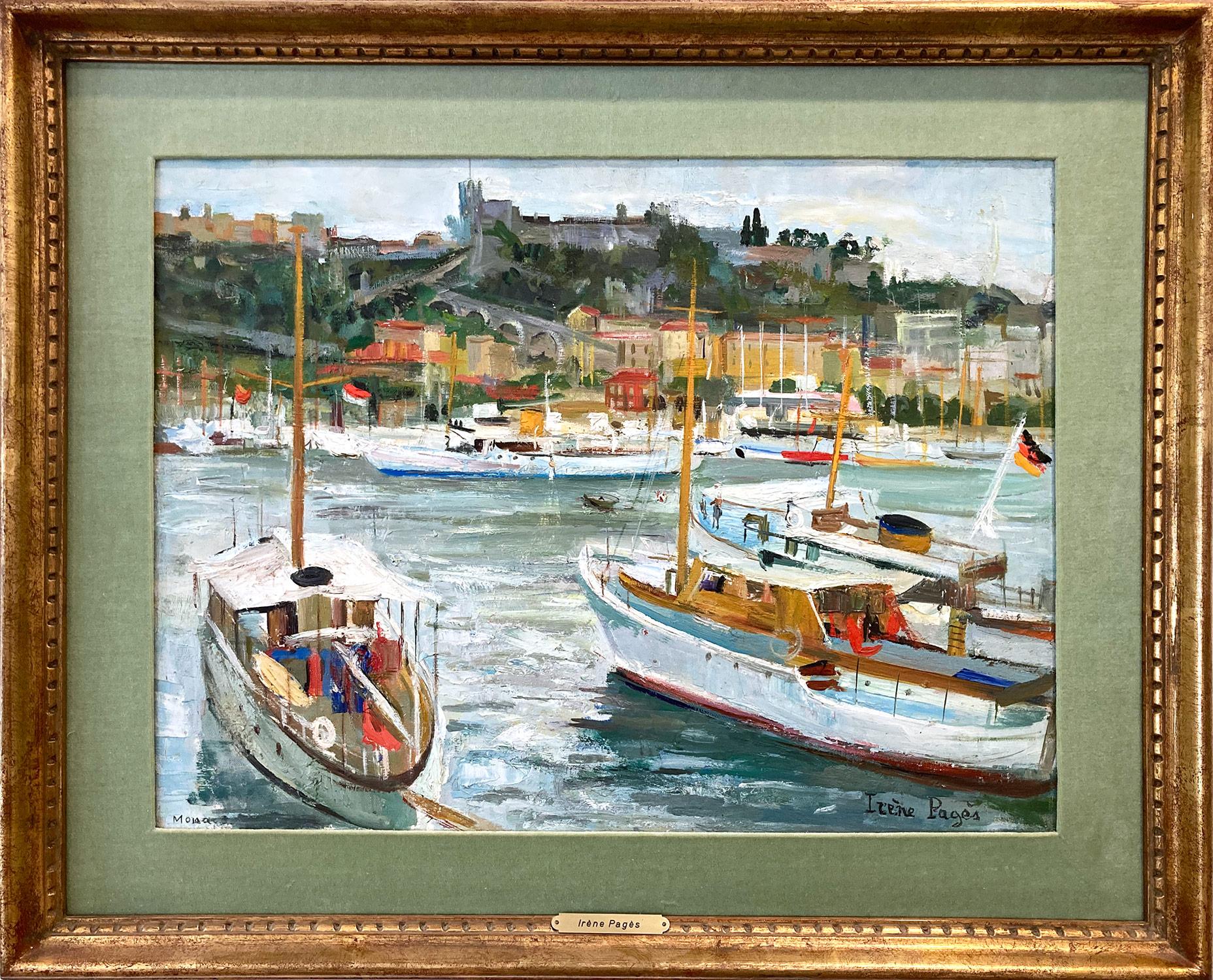 Landscape Painting Irene Pages - "Monaco" Peinture impressionniste à l'huile sur toile - Scène maritime du port de Cote D'azur