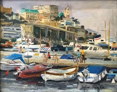 "Port De Monte-Carlo" Beachside Village Scene Impressionist Oil Canvas Painting