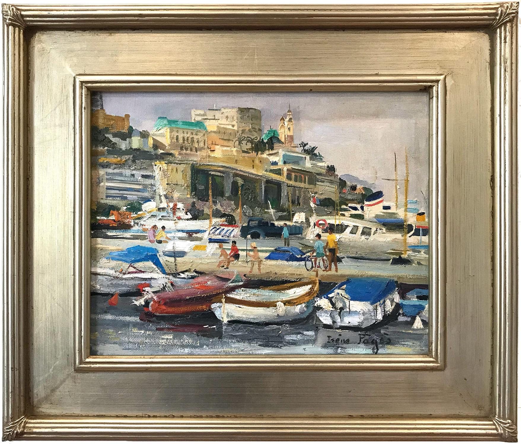Irene Pages Landscape Painting - "Port De Monte-Carlo" Beachside Village Scene Impressionist Oil Canvas Painting
