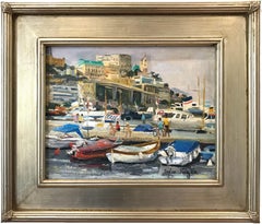 "Port De Monte-Carlo" Beachside Village Scene Impressionist Oil Canvas Painting