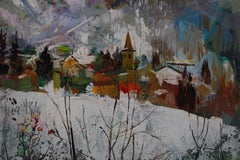 Alberi nella neve, dipinto a olio vintage francese con paesaggio invernale in cornice rococò