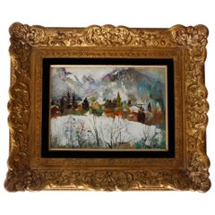 Alberi nella neve, dipinto a olio vintage francese con paesaggio invernale in cornice rococò