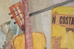 Costa Rica! Stillleben mit Gitarre, Obst, Wein und Zeitungsdruck in Öl auf Leinwand