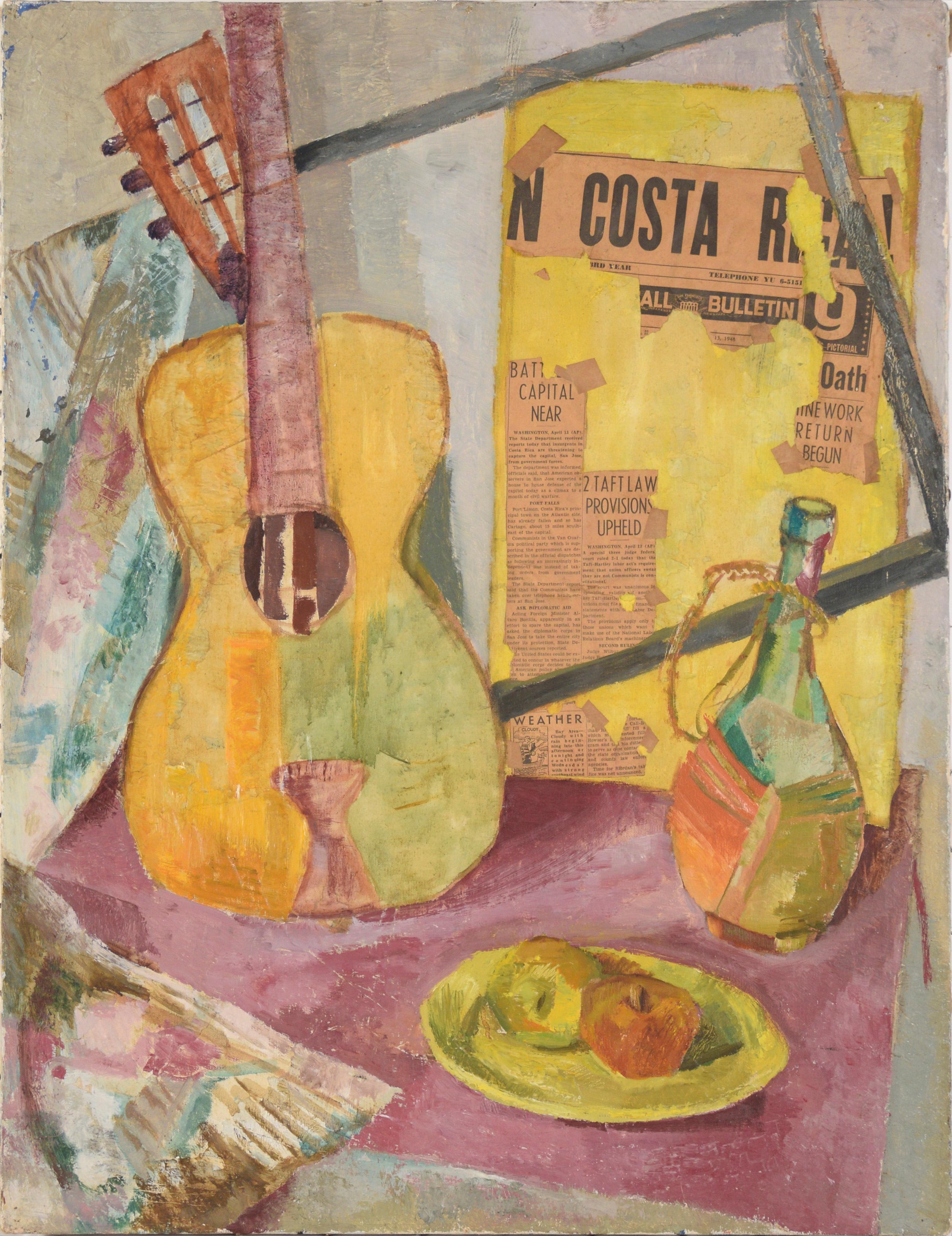 Costa Rica! Still Life with Guitar, Fruit, Wine, and Newsprint in Oil on Canvas