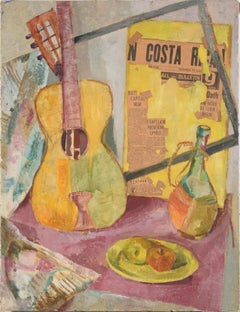 Costa Rica! Still Life with Guitar, Fruit, Wine, and Newsprint in Oil on Canvas