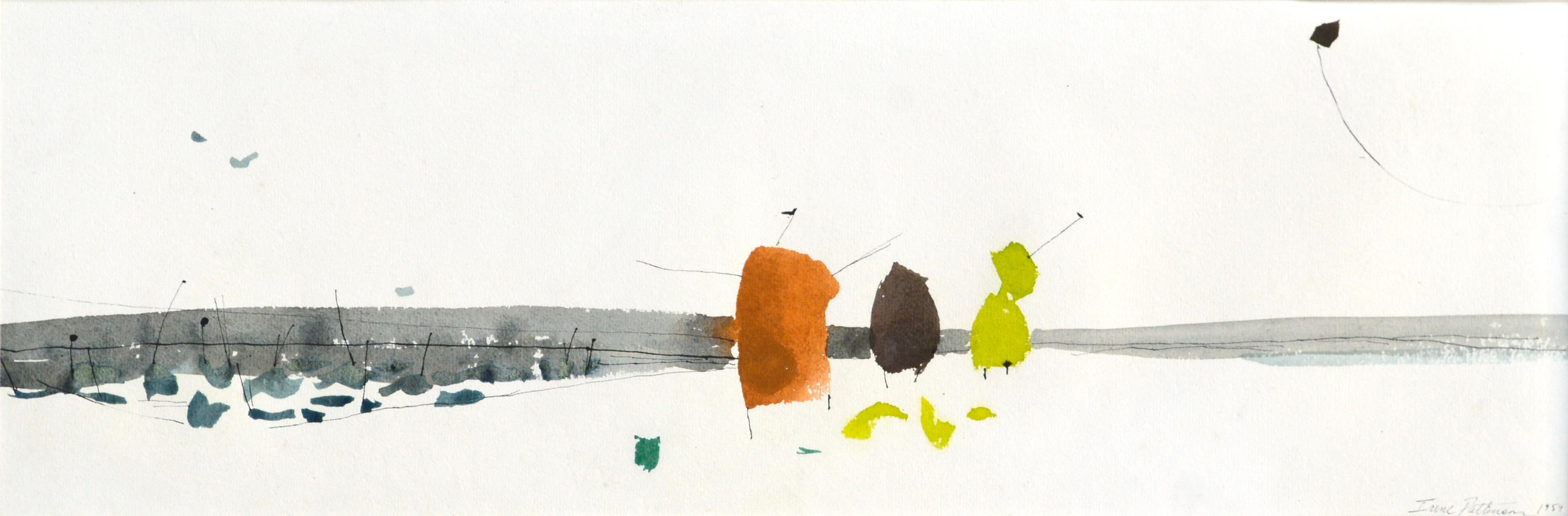 Mid Century Abstracted Landscape -- Flying A Kite at the Beach - Painting by Irene Pattinson