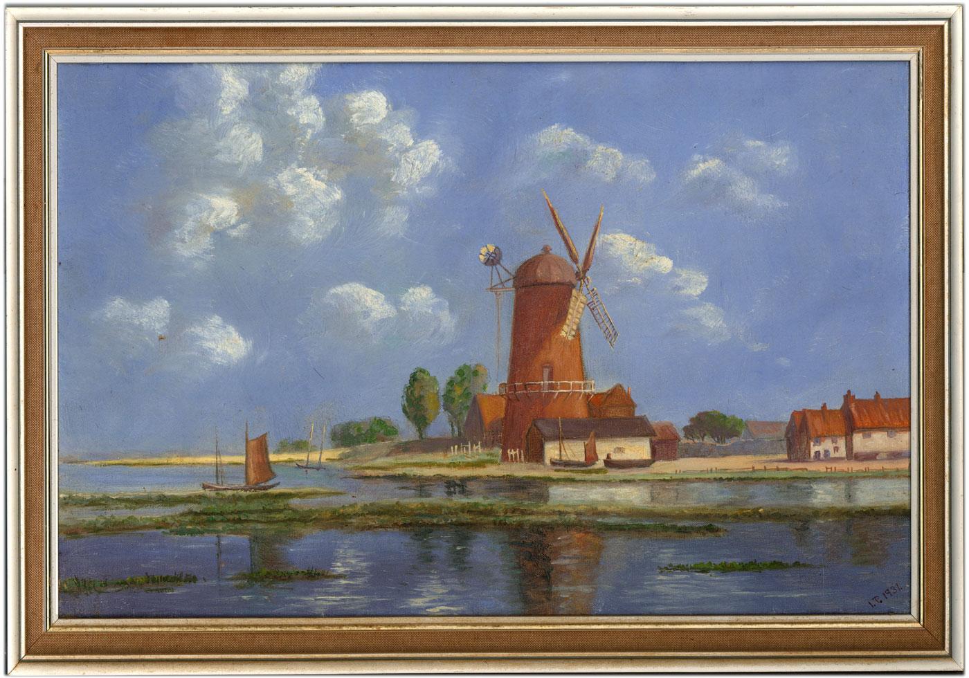 A delightful Dutch scene depicting a windmill against a coastal backdrop. Monogrammed and dated to the lower right corner of the artwork. Signed and inscribed 'Dutch Scene' on the reverse. Presented in a modern frame with woven detail. On canvas.