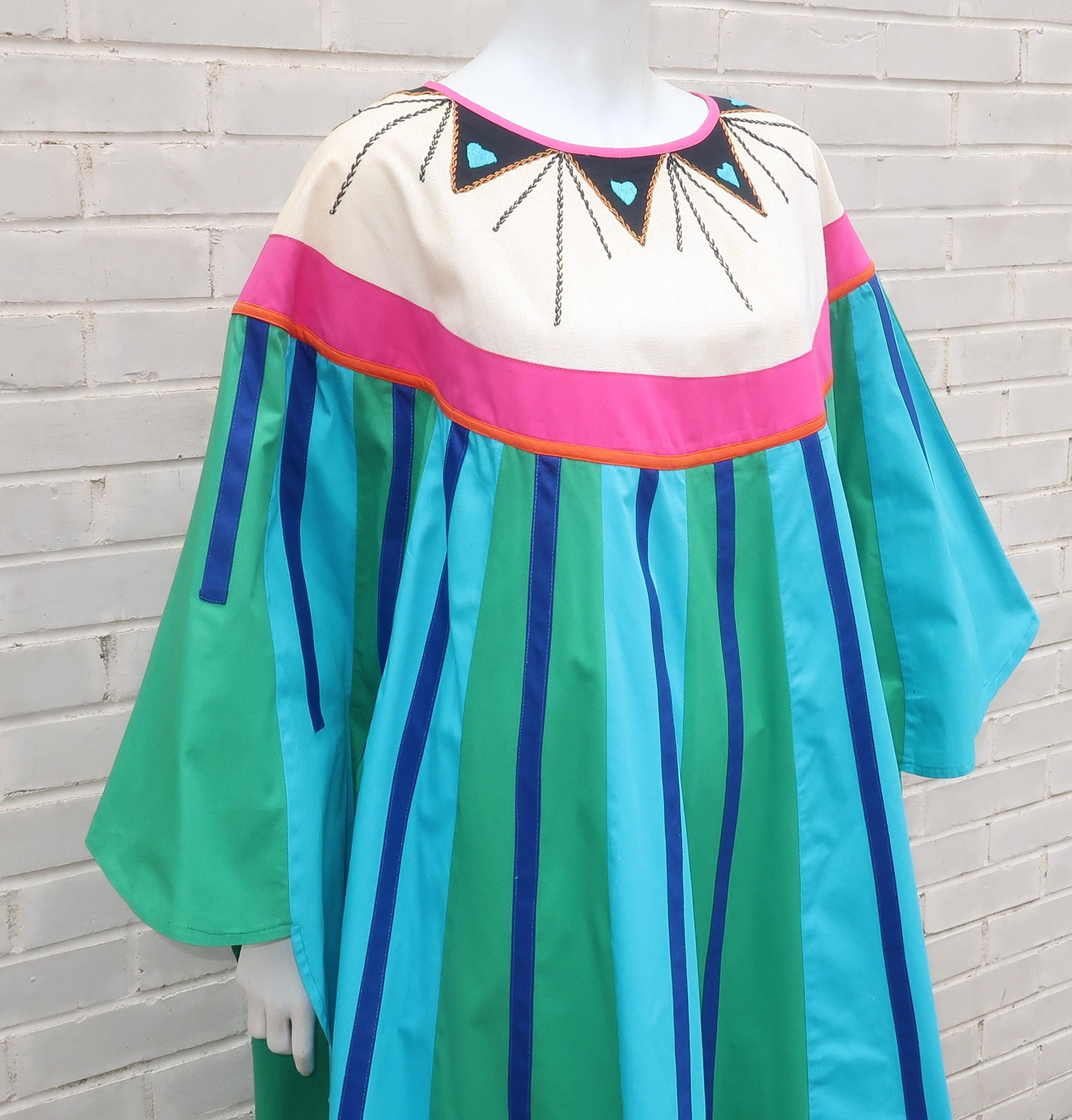 Blue Irene Pulos Mexican Cotton Caftan Dress, 1970's