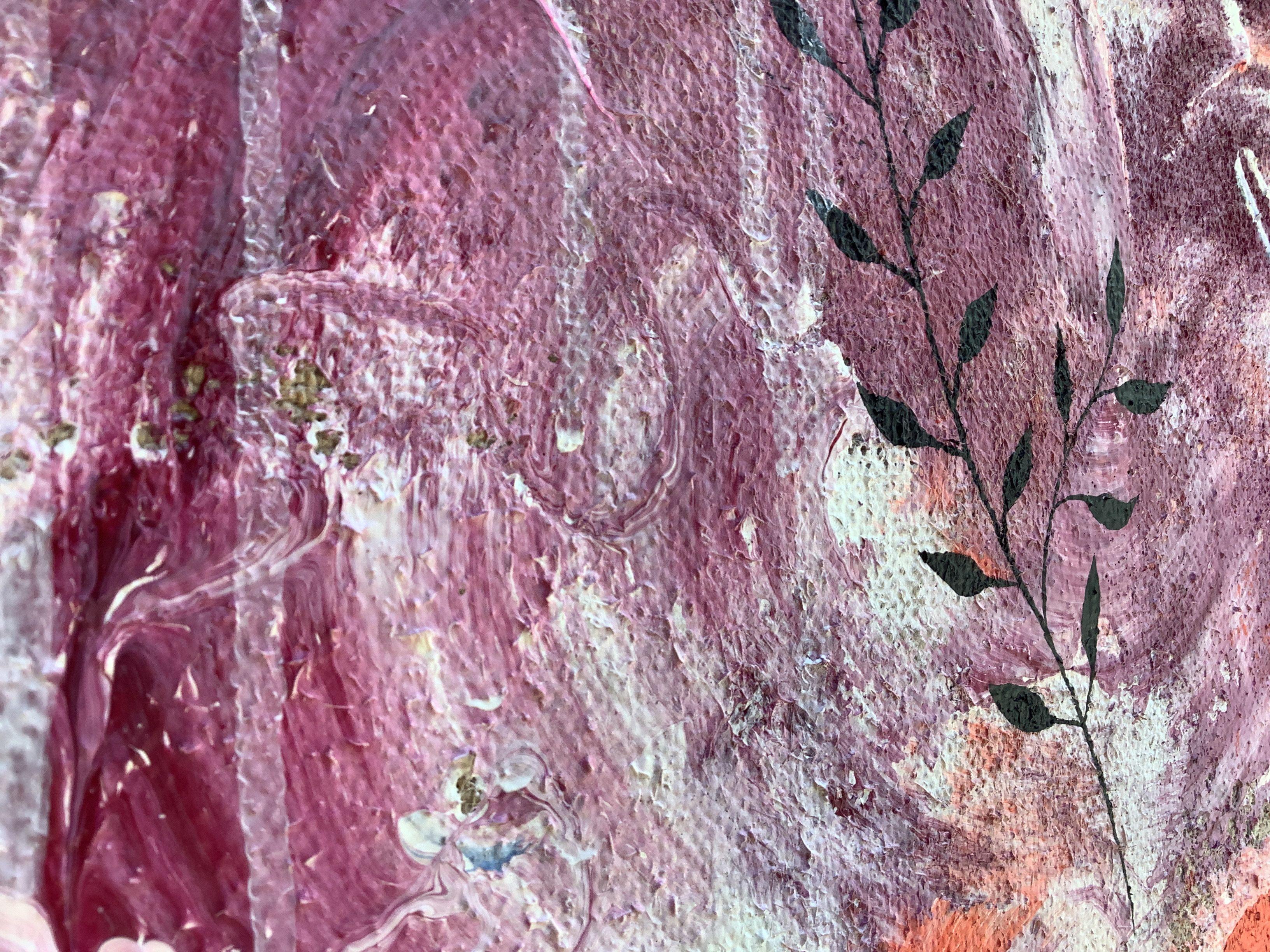 Instinctual and gestural semi abstract work. Here natural elements are submerged by a visual representation of their energies. A fire-like energic burst explodes and invade what we can hint is a corner of a room. On the upper right corner of the
