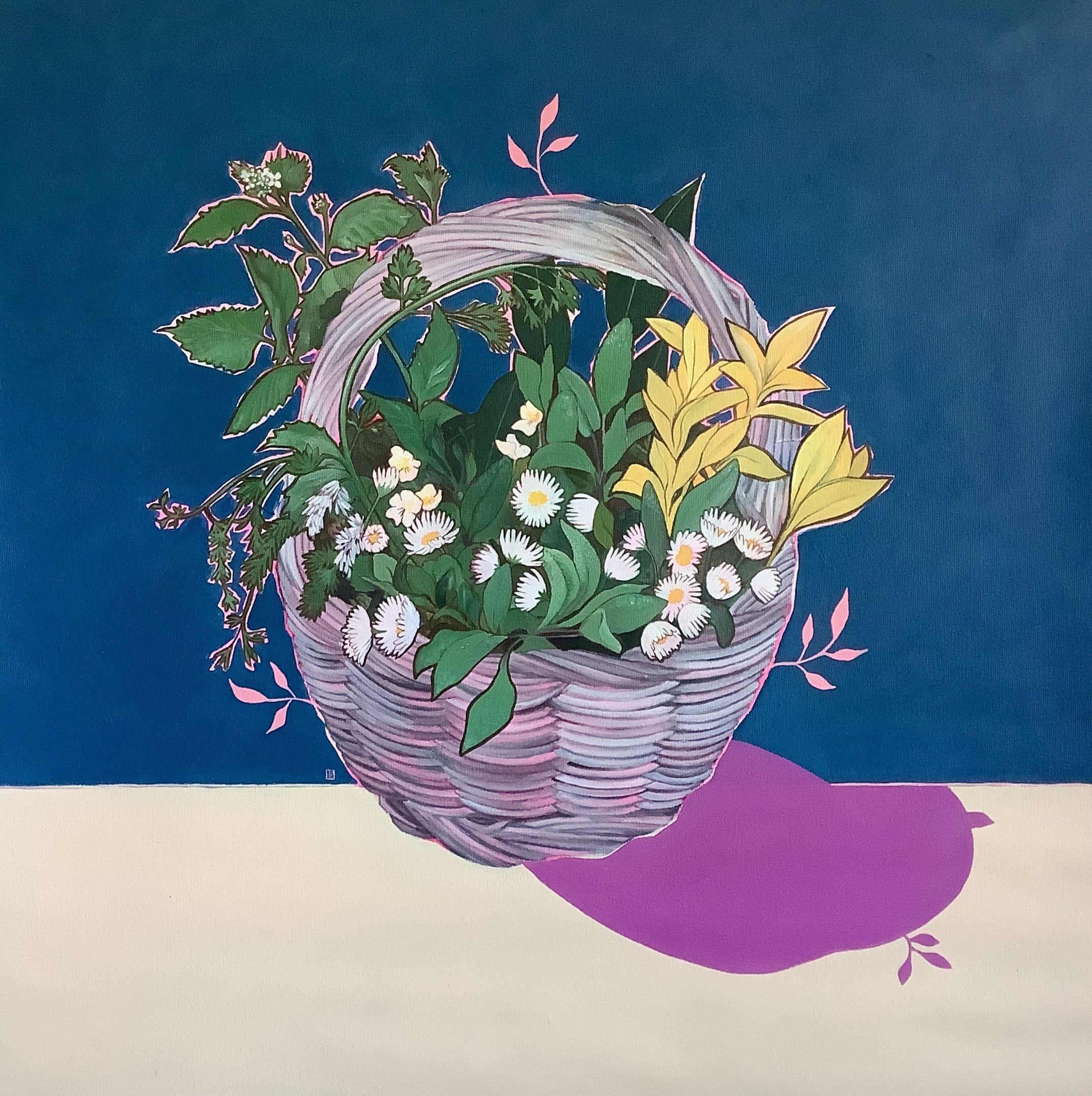 Artwork inspired from a basket of flowers that the artist picked in her garden during a Spring day. The composition of flowers and herbs became an artistic gesture and has been immortalised in this artwork.     Part of a series of 4 still life with