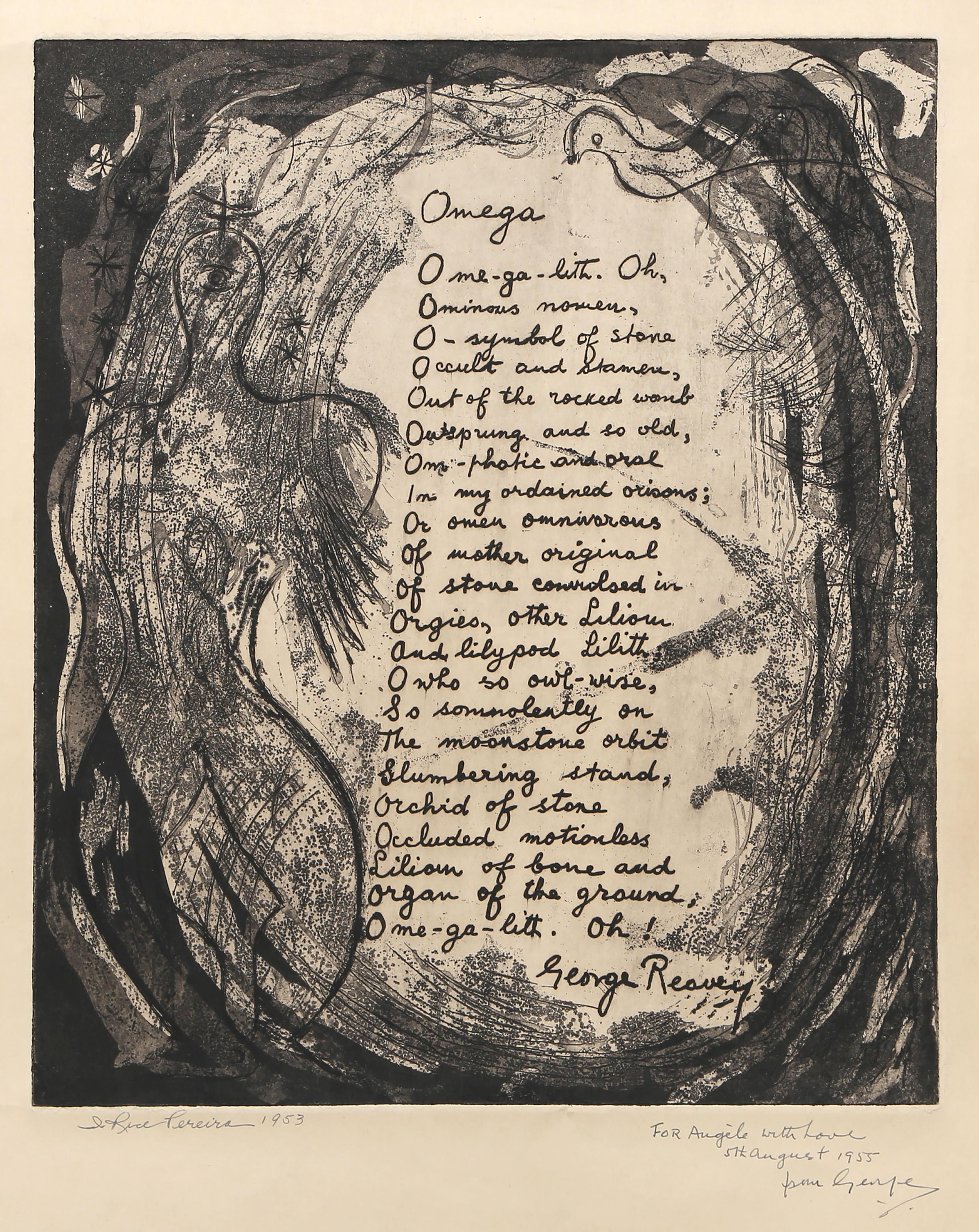 Omega (Gedicht von George Reamy)
Irene Rice Pereira, Amerikanerin (1902-1971)
Datum: 1953
Radierung und Aquatinta, mit Bleistift signiert, datiert und gewidmet
Ausgabe des Dedic Proofs
Bildgröße: 14 x 11,75 Zoll
Größe: 20 x 15,5 Zoll (50,8 x 39,37