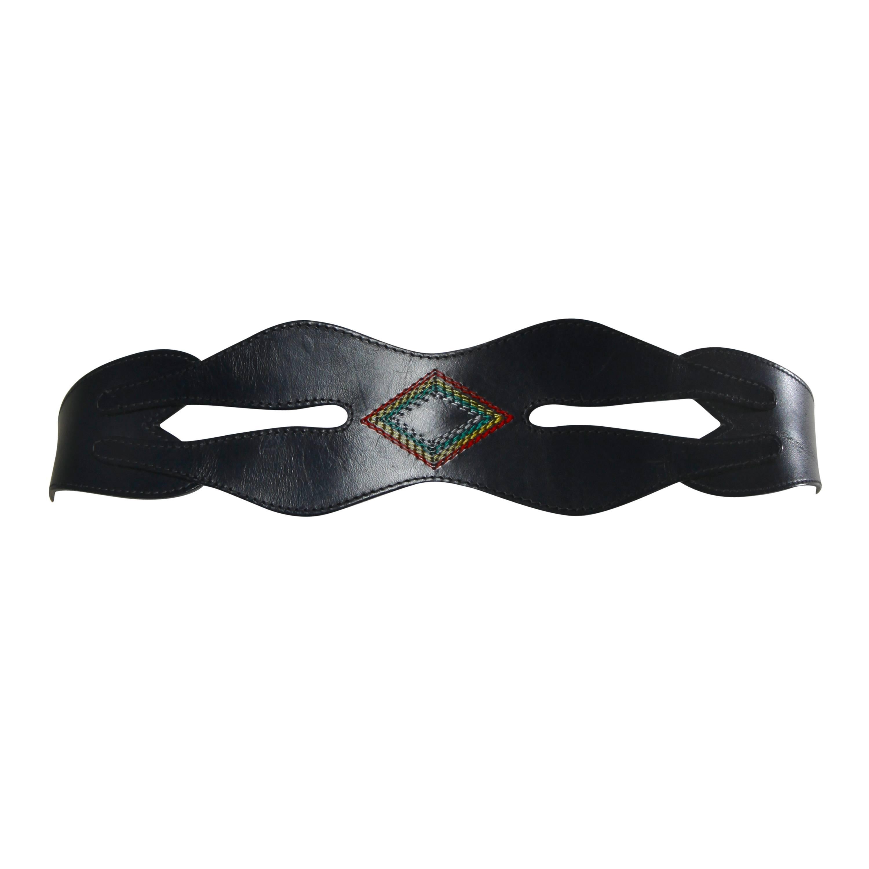 Irene Sargent Vintage Leather Cut Out Belt with Rainbow Embroidery, 1970s For Sale