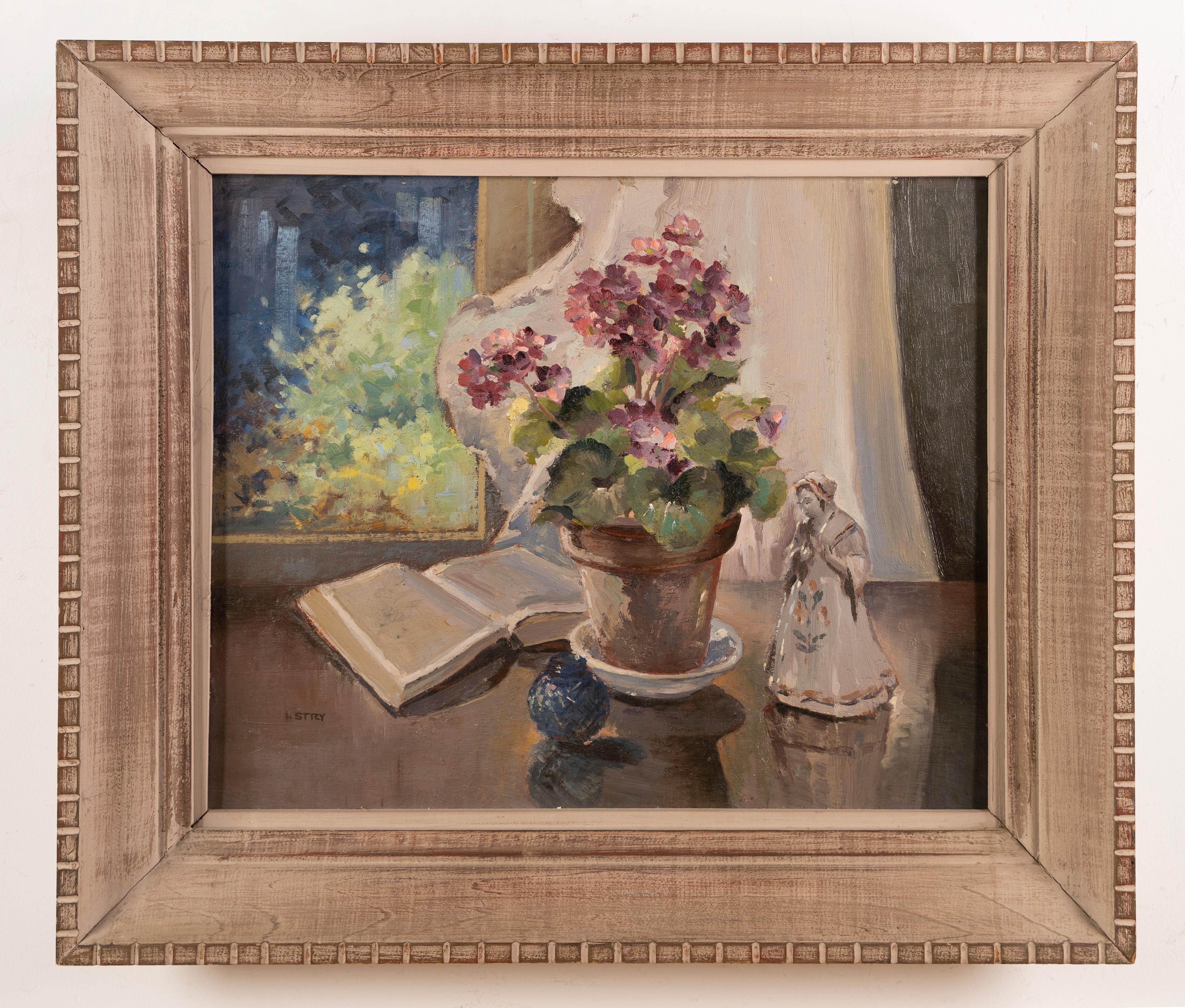 Antico dipinto a olio con cornice firmata, natura morta femminile impressionista americana - Painting di Irene Stry