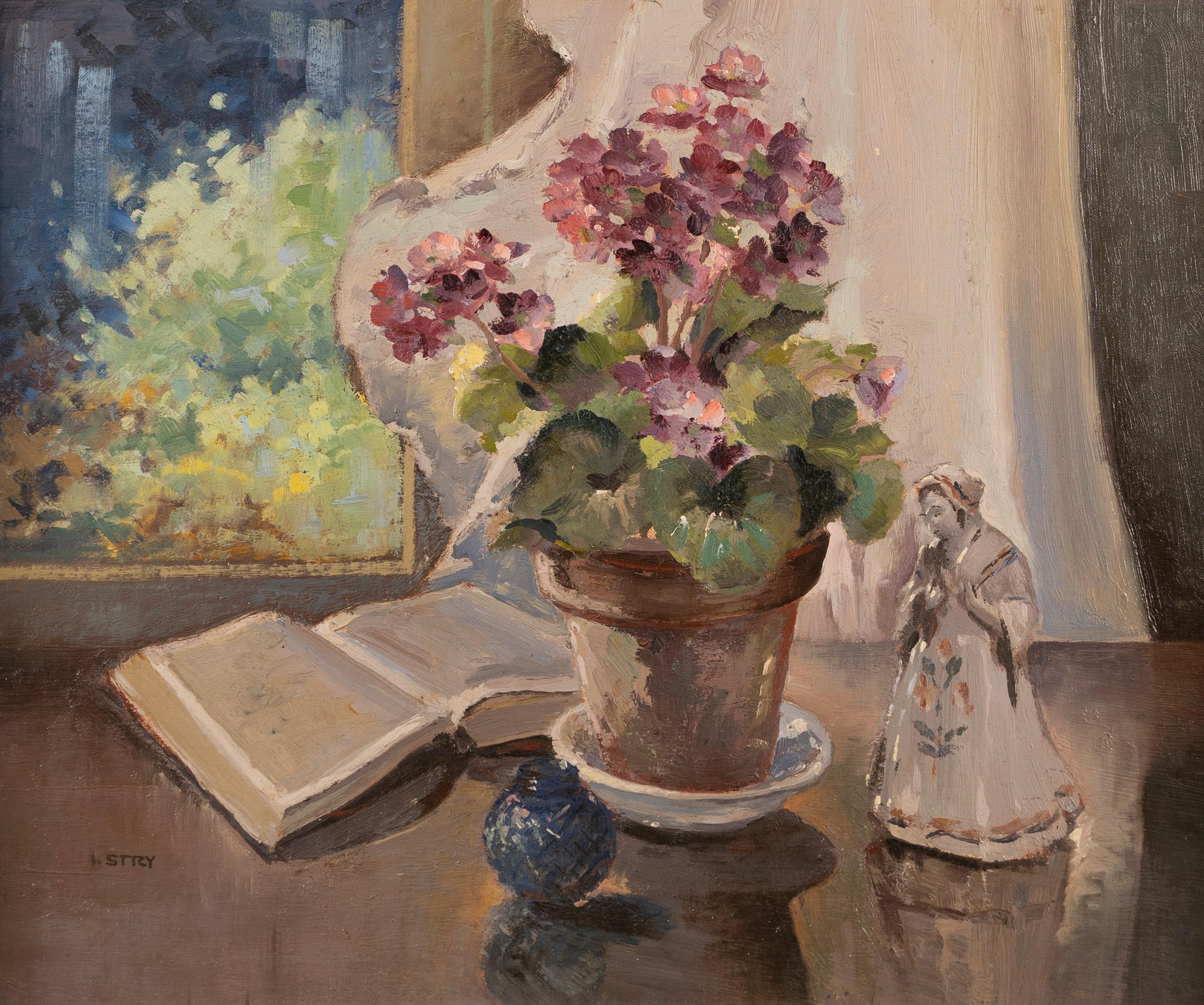 Ancienne nature morte américaine impressionniste féminine encadrée, signée, peinture à l'huile  - Marron Still-Life Painting par Irene Stry