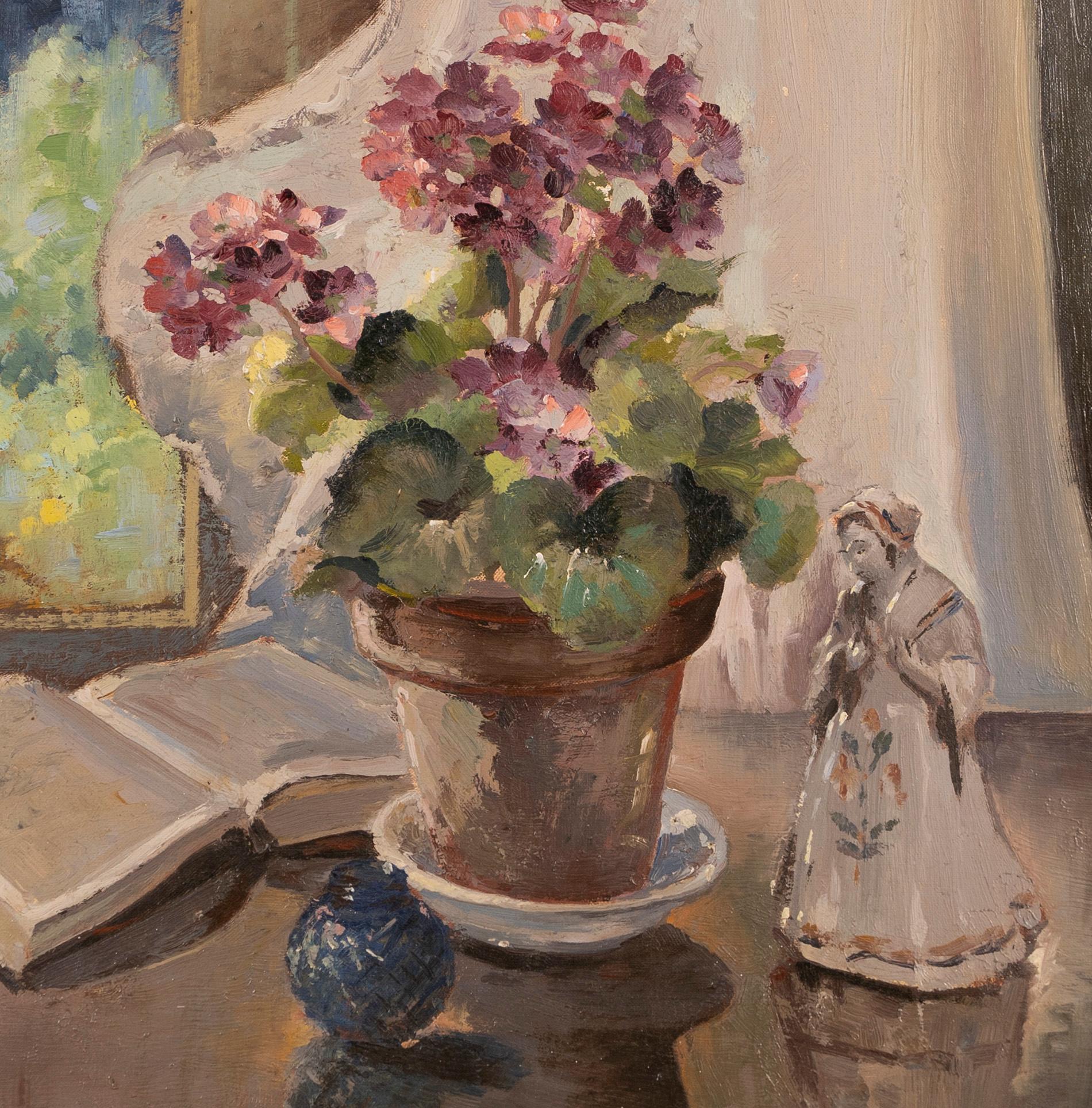 Antique impressionist still life painting by Irene ( I. Stry) Stry (1899/1904 - 1963).  Oil on board, circa 1940.  Unterschrieben.  Image size, 24L x 20H.  