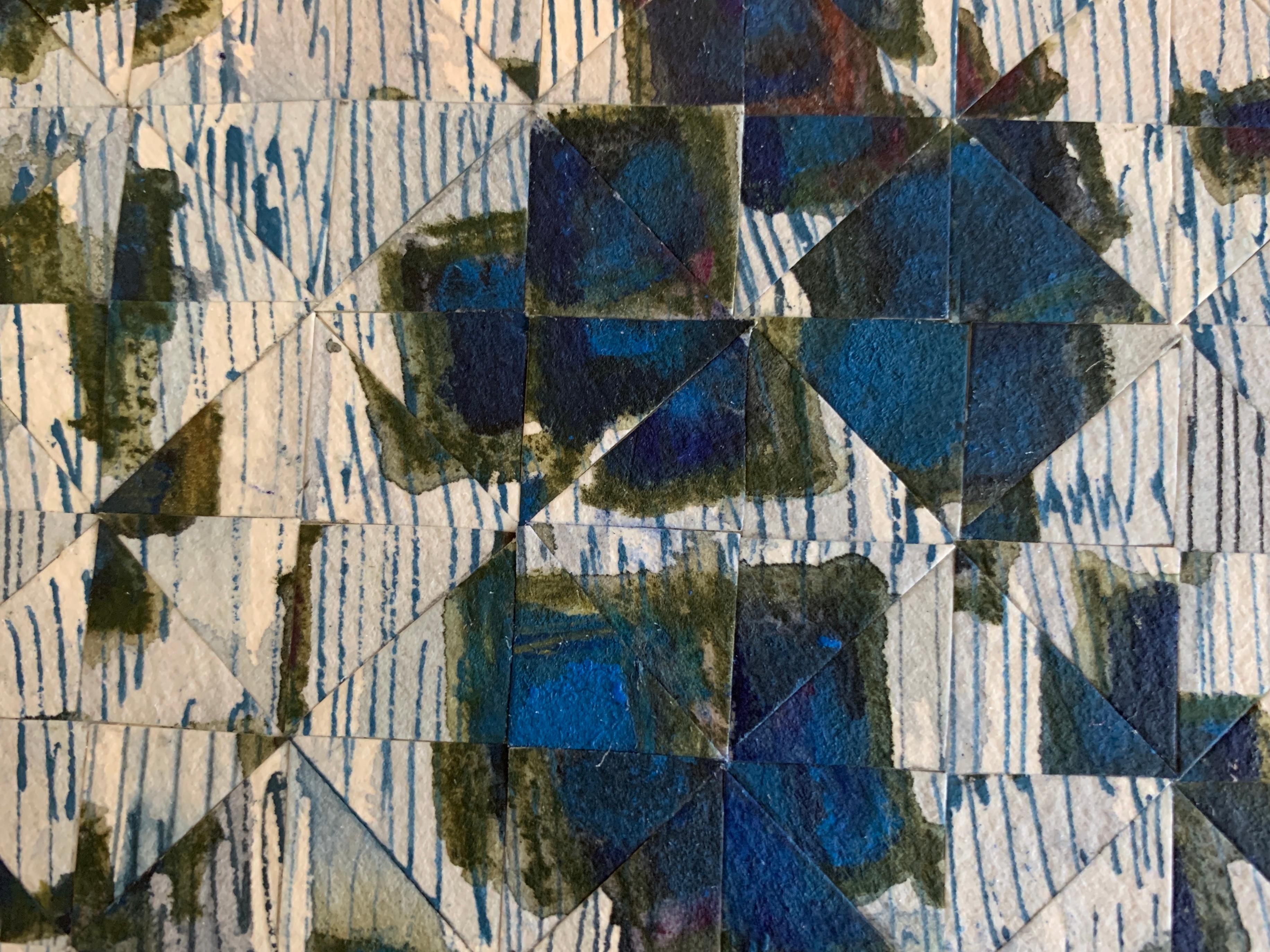 Gray with Blue Quadrants - Brown Abstract Drawing by Irene Zweig