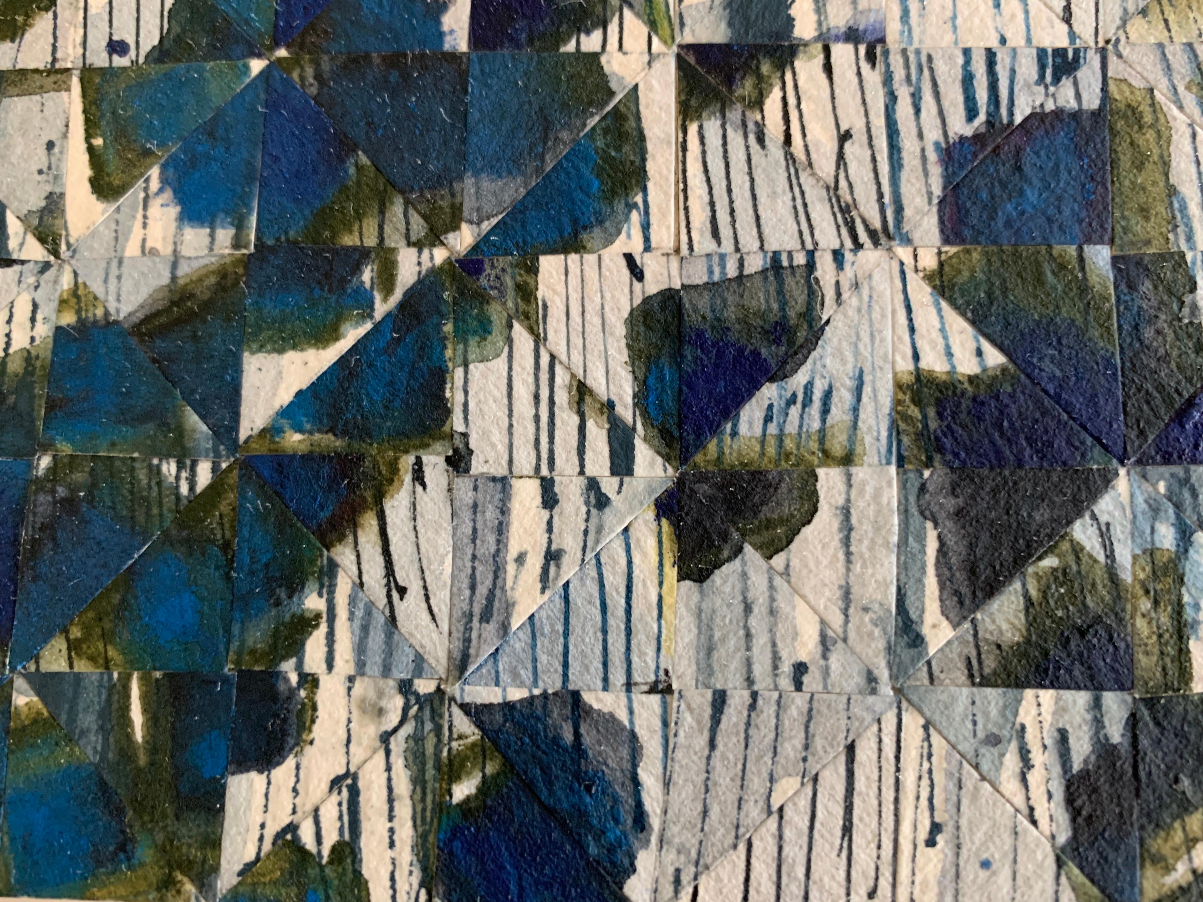 Geometric and serene in its complexity - abstract contemporary painting created with impeccable attention to detail by deconstructing original watercolors—based largely on landscape, water, and sky—into dime sized triangular cut outs and then