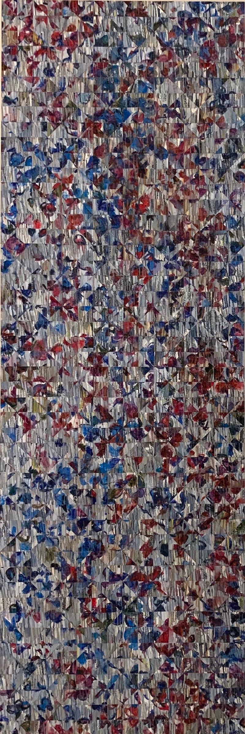 Gray with Red and Blue - vertical geometric mosaic painting on panel