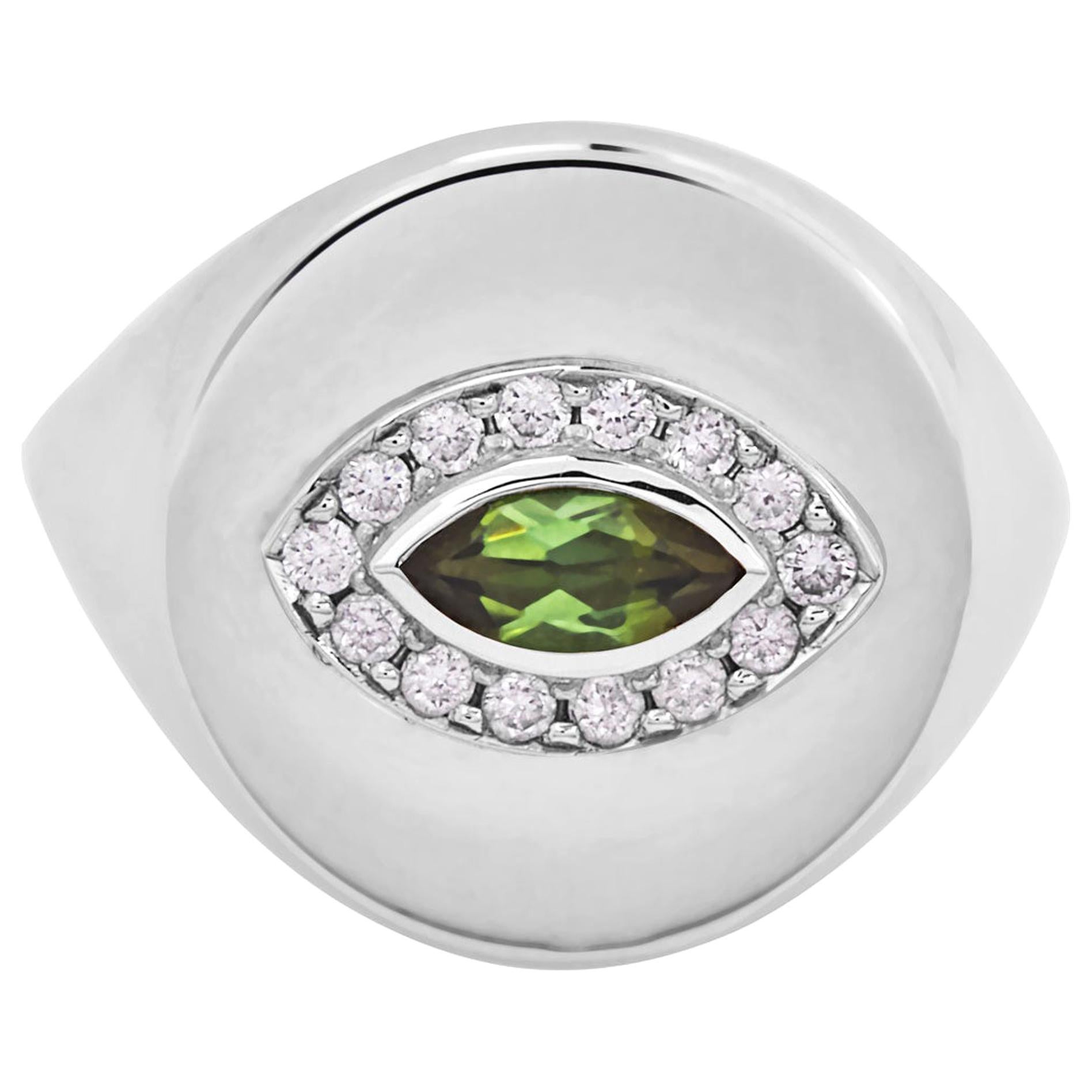 18 Karat White Gold, Green Tourmaline Marquise Cut and Diamond, Eye Ring For Sale