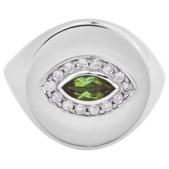 18 Karat White Gold, Green Tourmaline Marquise Cut and Diamond, Eye Ring