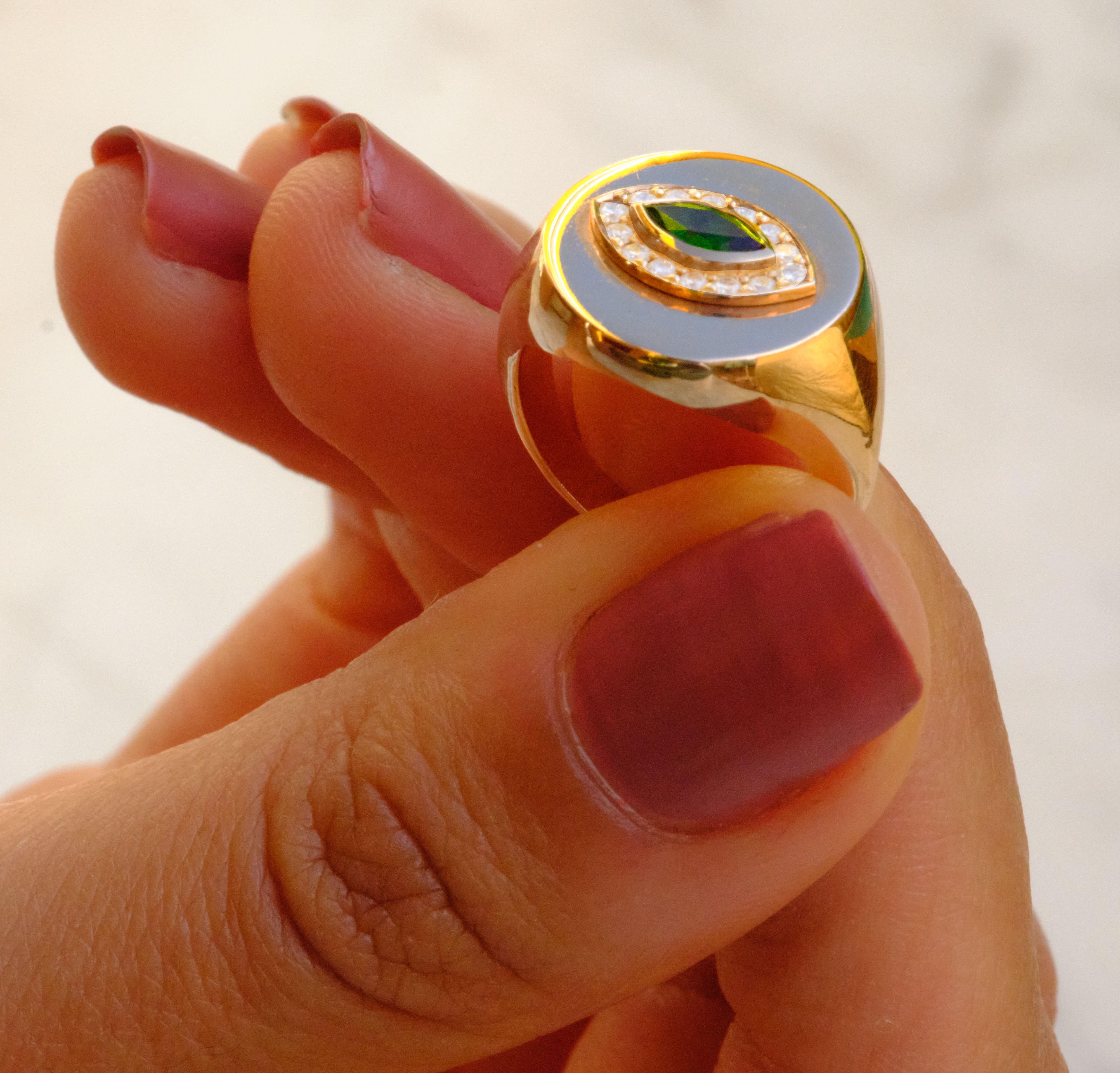 18 Karat Yellow Gold, Green Tourmaline Marquise Cut and Diamond, Eye Ring For Sale 1